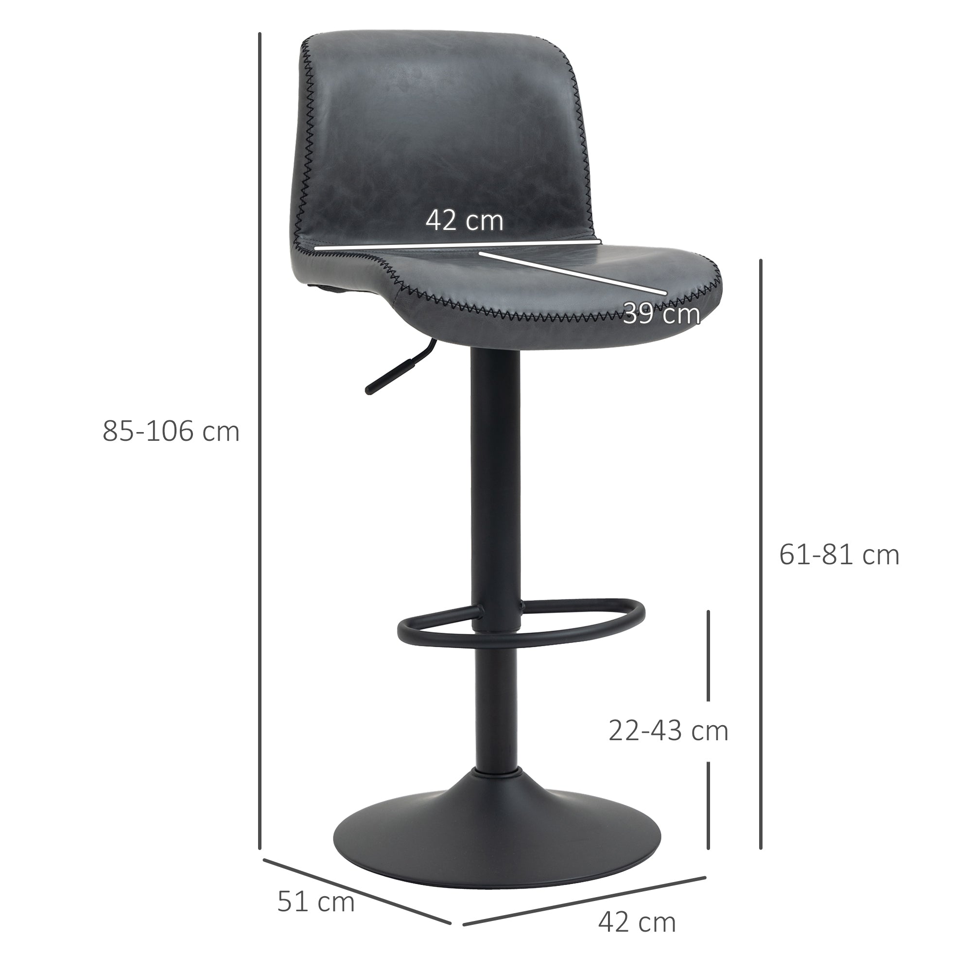 HOMCOM Set of 2 Bar Stool, Adjustable Height PU Leather Barstools with Swivel Seat and Footrest for Breakfast Bar, Kitchen and Home, Dark Grey