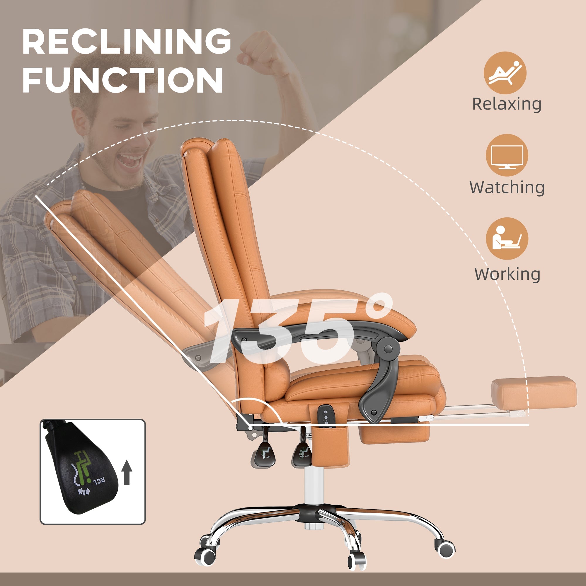 Vinsetto High Back Vibration Massage Office Chair, Heated Reclining PU Leather Computer Chair with 135√Ç¬∞ Reclining Back and Footrest, Light Brown