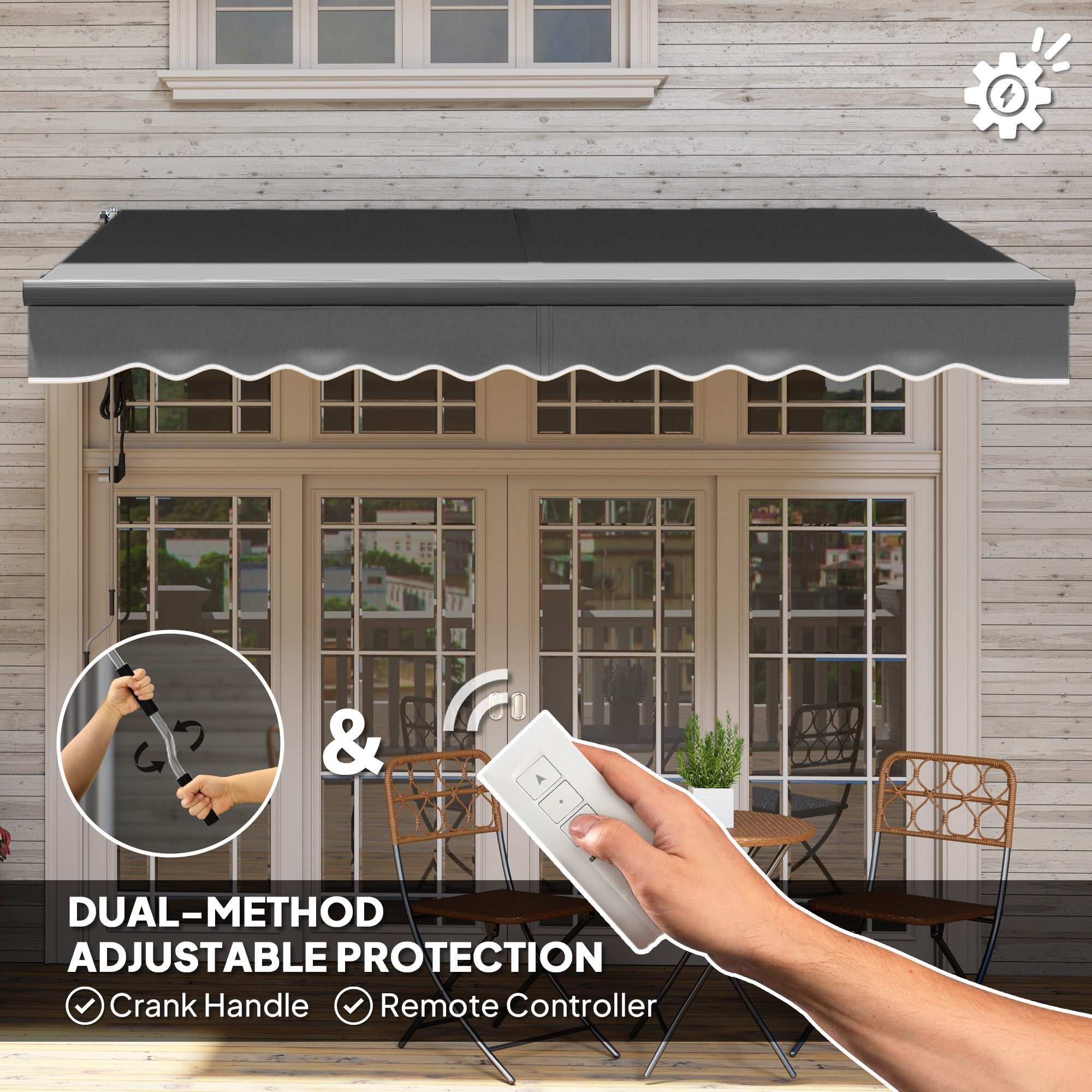Outsunny 3 x 2.5m Electric Awning with Remote Controller, Aluminium Frame DIY Retractable Awning, UV30+ Sun Shade Canopy for Garden Patio Deck Door Window, Dark Grey