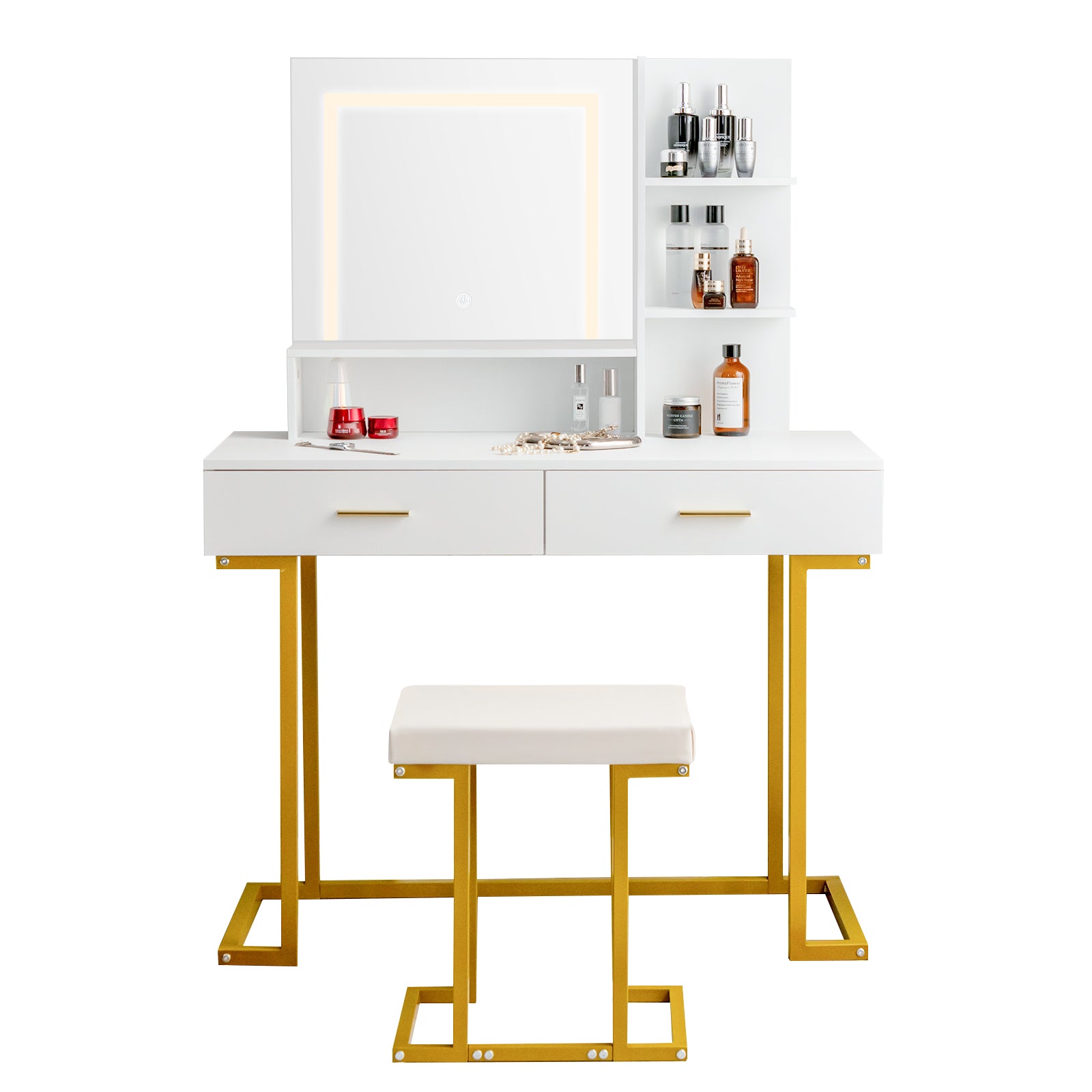 Vanity Set with Large Mirror Makeup Table with Stool and LED Lights-White
