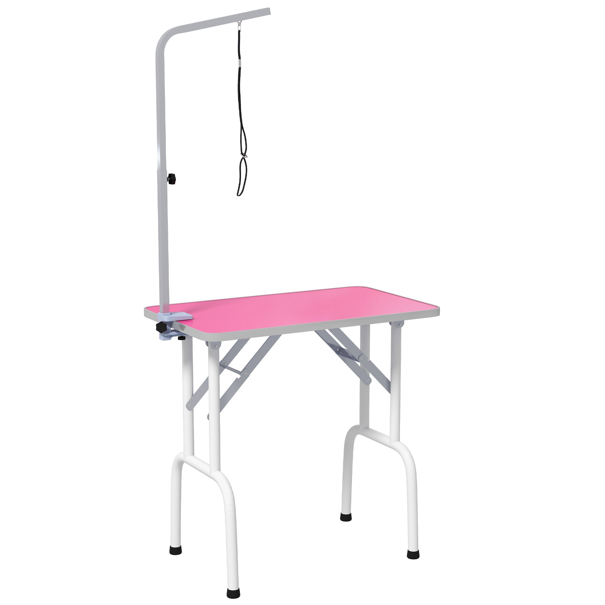 PawHut 32" Foldable Dog Grooming Table Pet Drying Beauty Table Adjustable Fixed Arm Rubber Top, Pink
