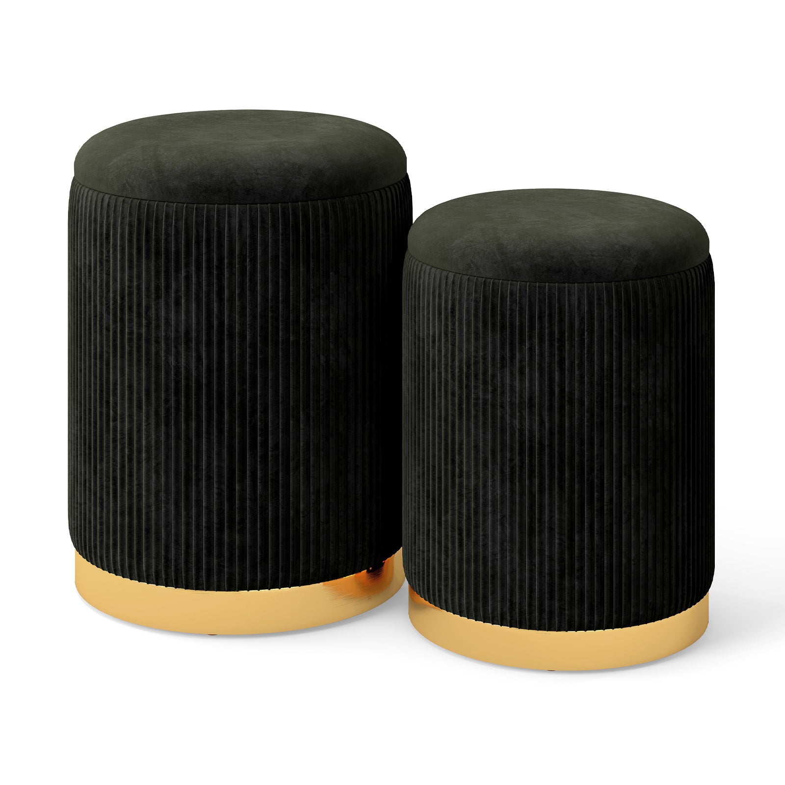Velvet Storage Ottoman Set of 2 with Gold Stainless Steel Hoop-Black
