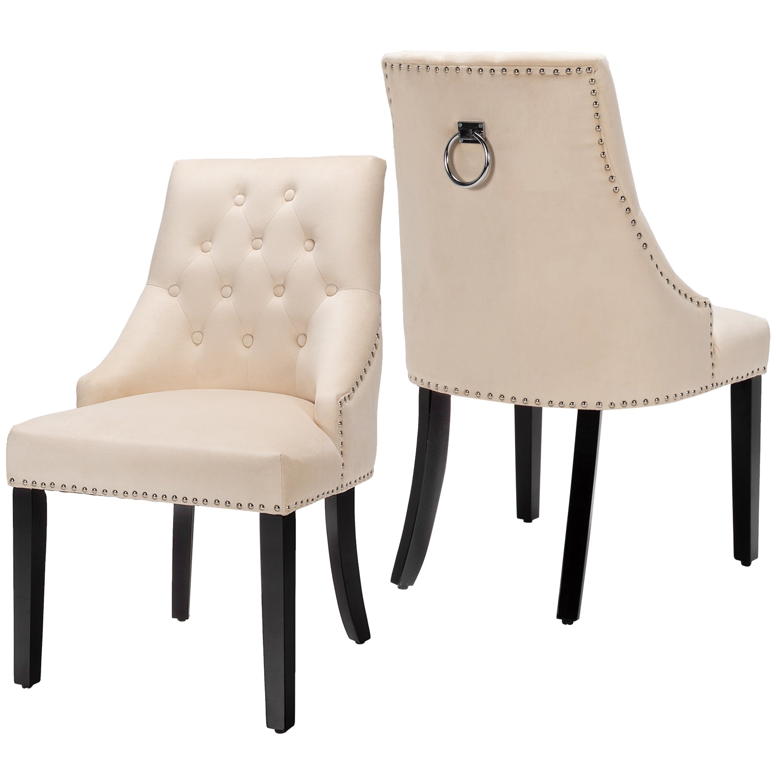 Modern Button-Tufted Velvet Studded Dining Chair with Nail head Trim-Beige