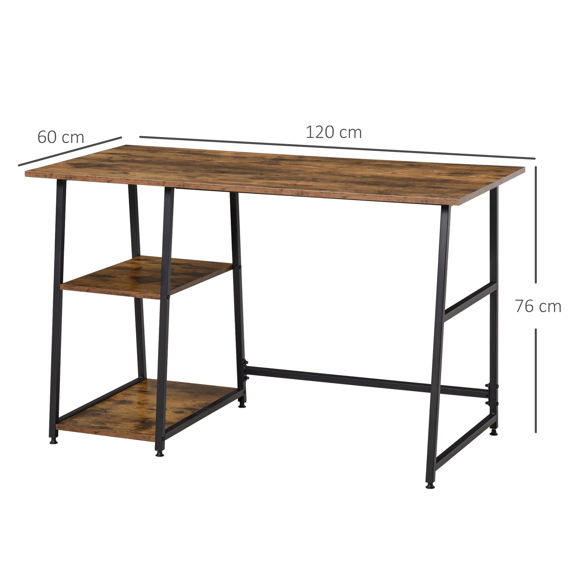 HOMCOM 120cm Computer Desk with Storage, Industrial Home Office Desk with 2 Tier Shelves and Steel Frame, Computer Table for Study Room, Rustic Brown