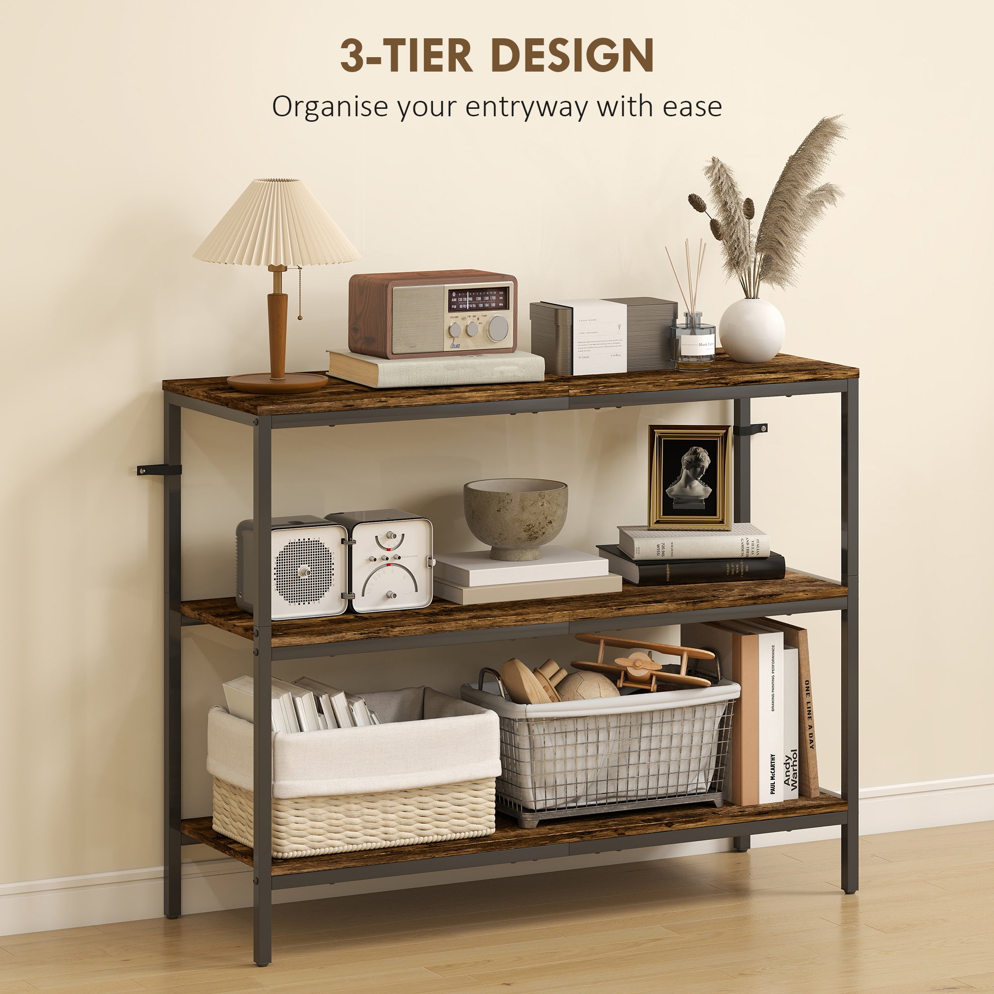 HOMCOM 3-Tier Console Table with Storage Shelves - Rustic Brown