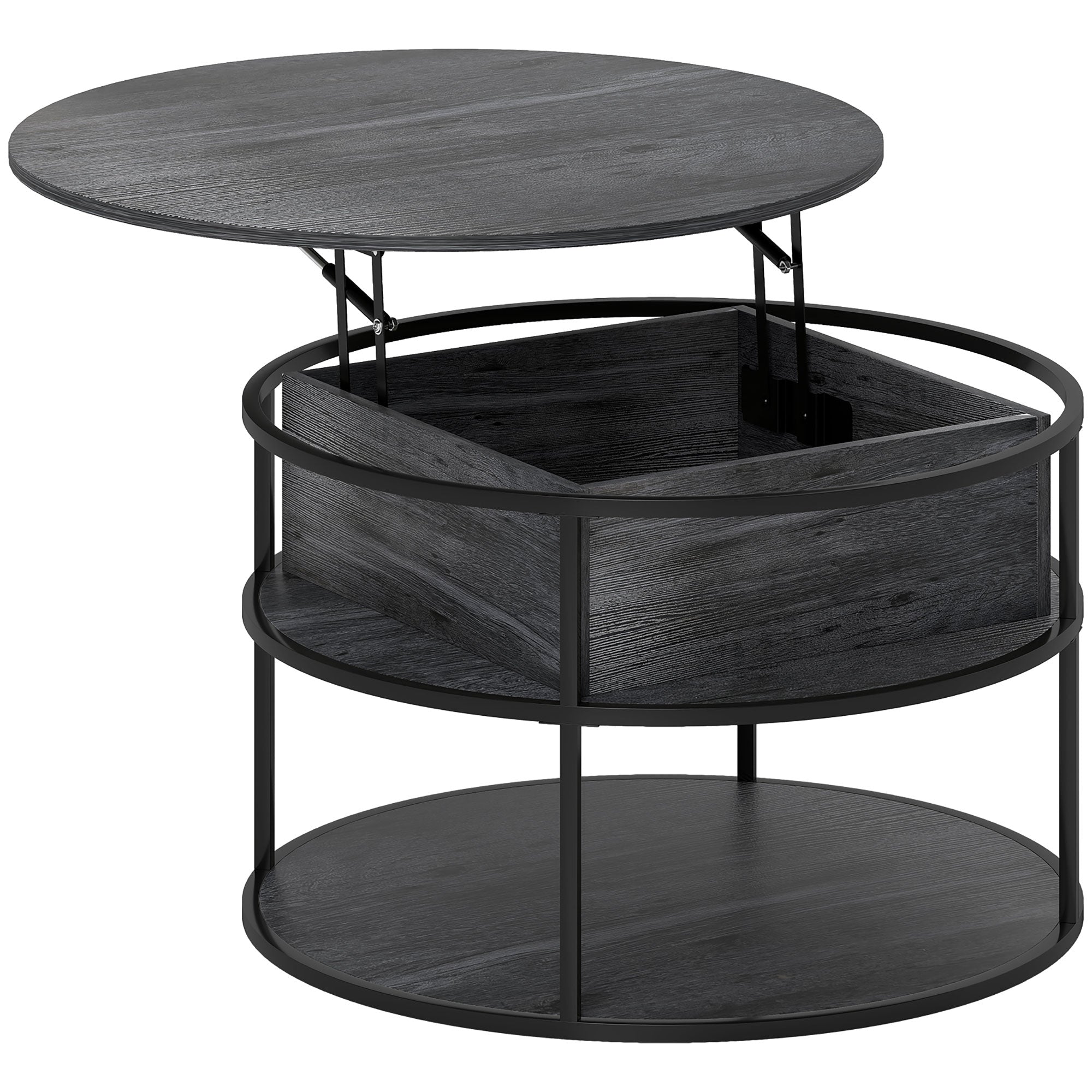 HOMCOM Lift Top Coffee Table, Round Coffee Table with Storage Shelf, Hidden Compartment and Steel Frame for Living Room, Home Office, Charcoal Grey