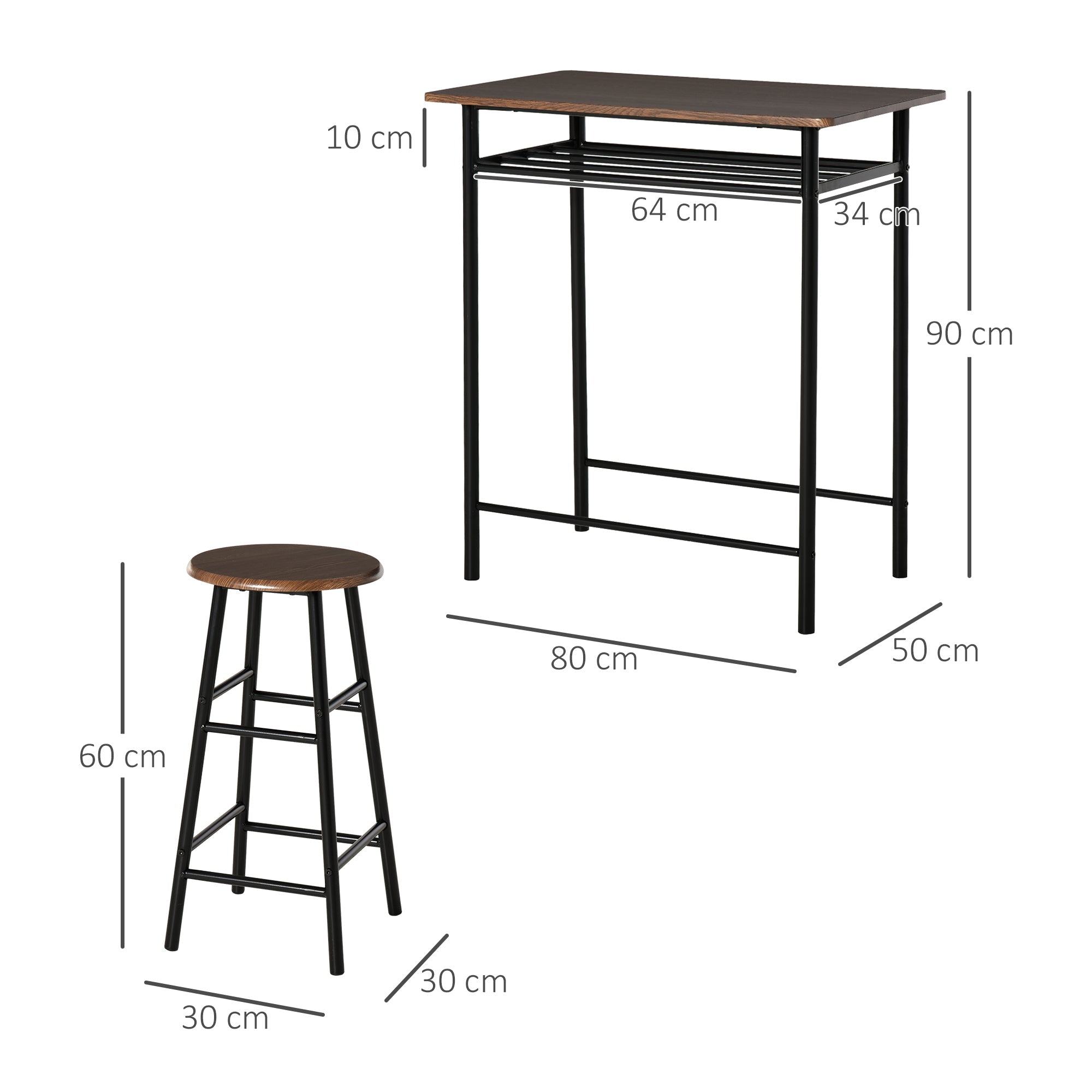 HOMCOM Bar Table Set, Bar Table and Stools Set, Footrest and Storage Shelf, for Kitchen, Dining Room, Pub, Cafe, Black and Oak