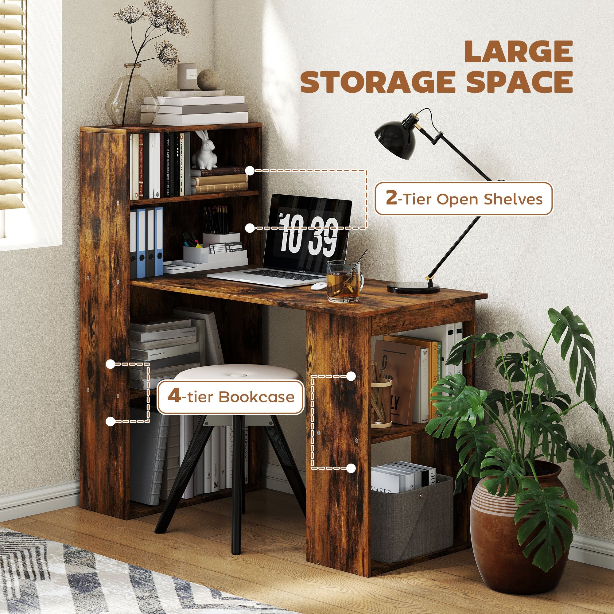 HOMCOM 120cm Computer Desk, Wooden PC Laptop Table with 6-Tier Storage Bookshelves, Home Office Working Study Desk, Writing Workstation, Rustic Brown Wood-Effect