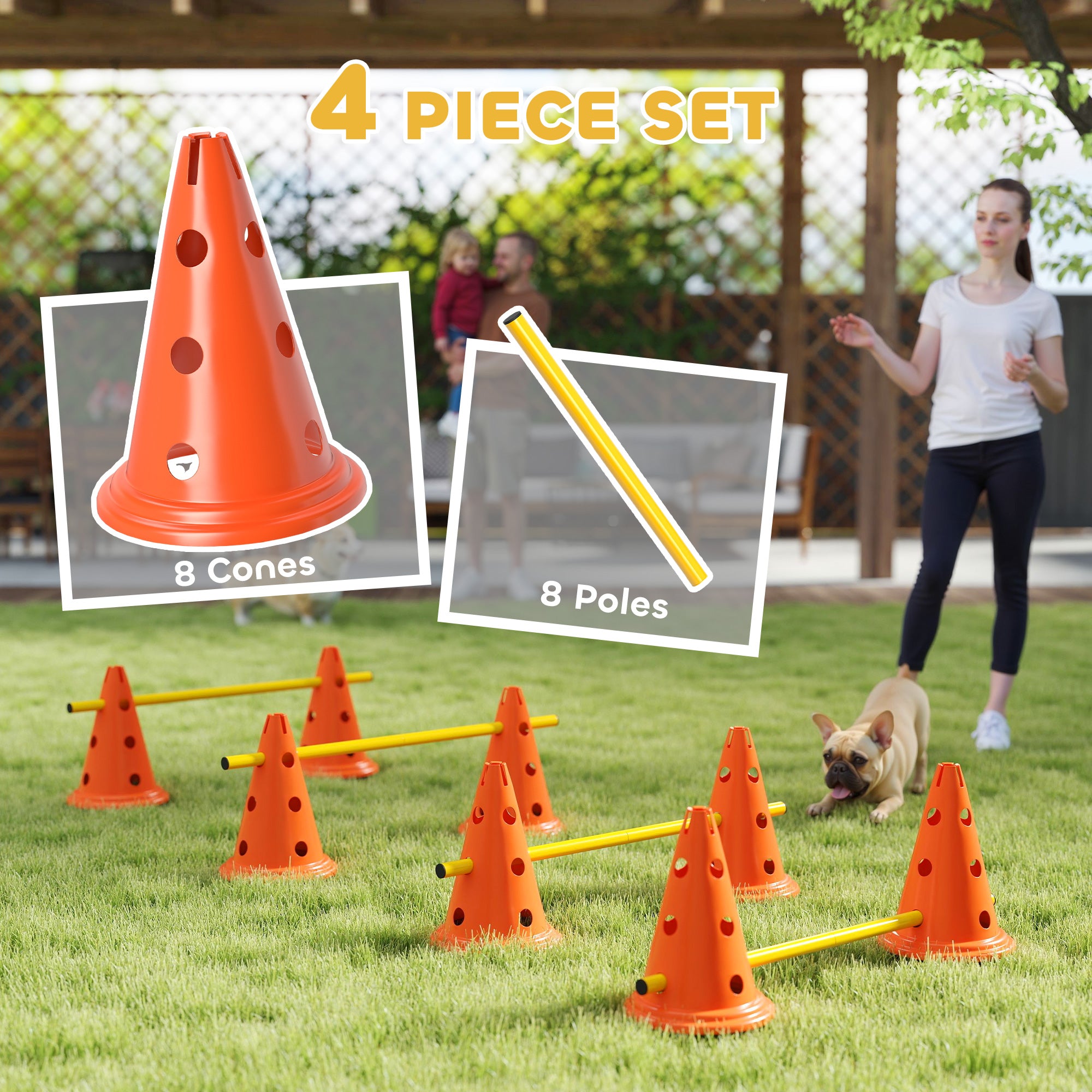 PawHut Dog Agility Equipment Set of Eight Cones, Eight Poles w/ Carry Bag, Four-Piece Adjustable Height Jumping Obstacles