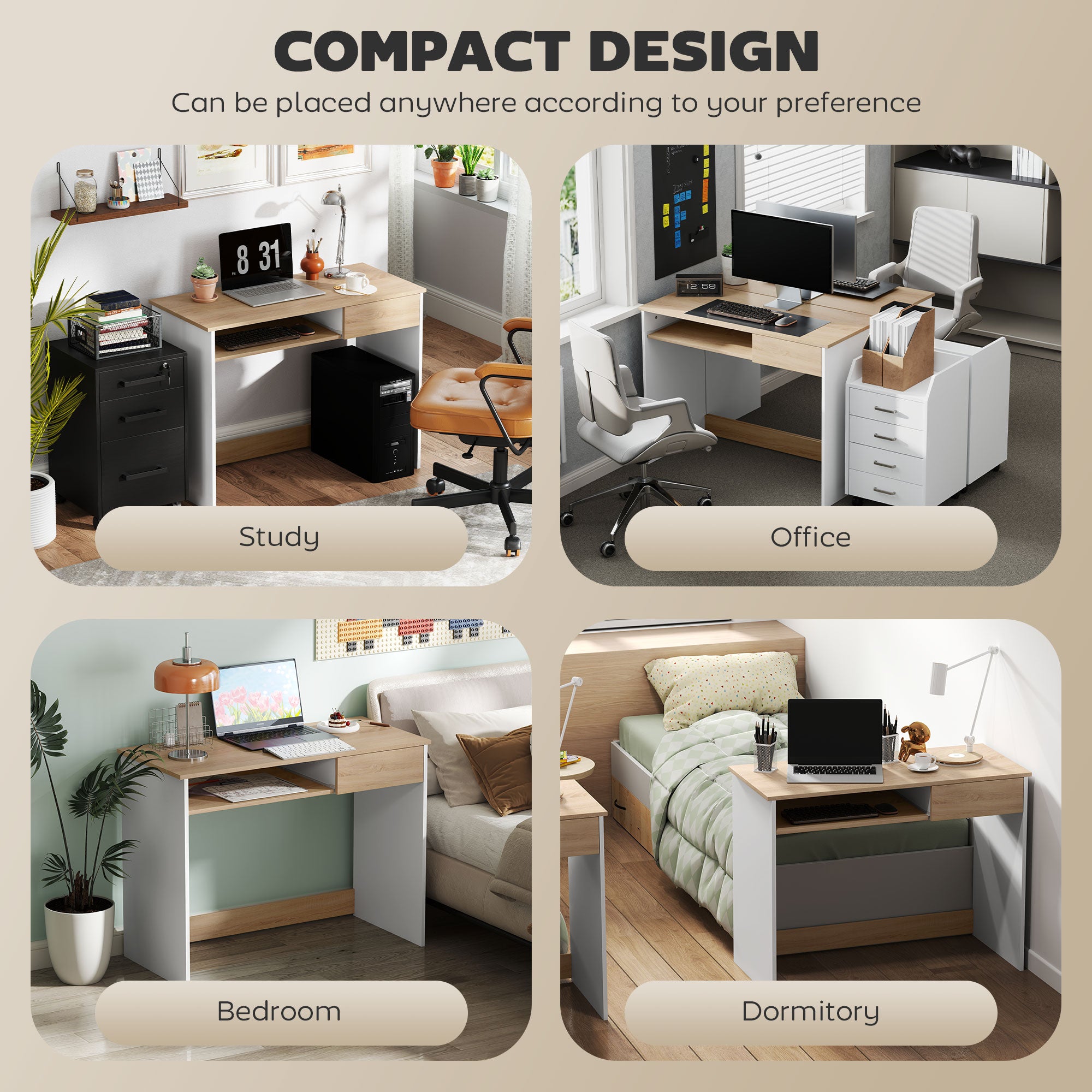 HOMCOM 100cm Compact Computer Desk with Keyboard Tray, Home Office Desk with Drawer for Bedroom Study, Oak