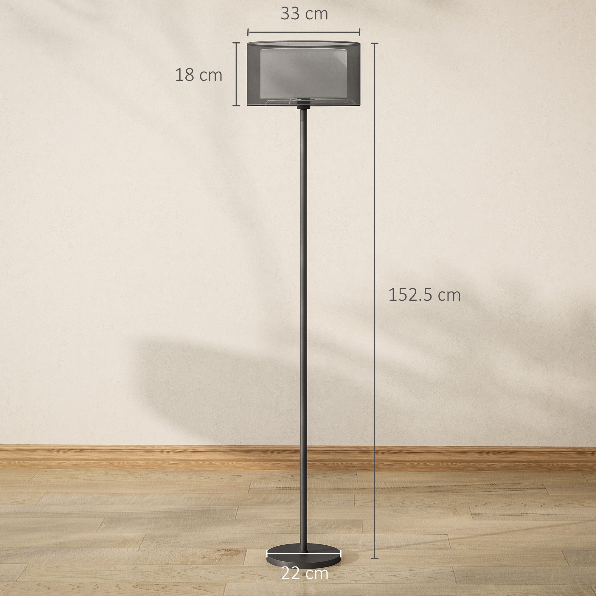 HOMCOM Floor Lamp for Living Room, Modern Standing Lamp with Double Layer Shade & Foot Switch, Minimalist Tall Pole Lampshade for Bedroom, Office, Black