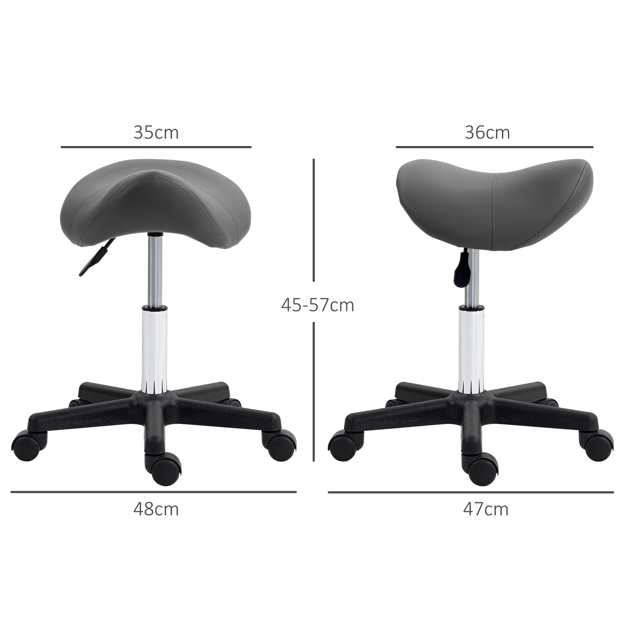 HOMCOM Saddle Stool, PU Leather Adjustable Rolling Salon Chair with Steel Frame for Massage, Spa, Beauty and Tattoo, Grey