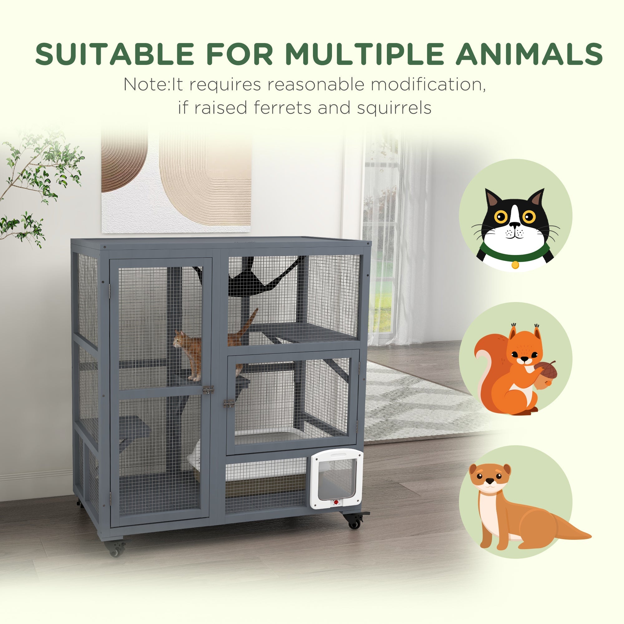PawHut Cat House, Wooden Indoor Catio Cat Enclosure on Wheels, Wooden Kitty Cage with Platforms, Hammock, Light Grey