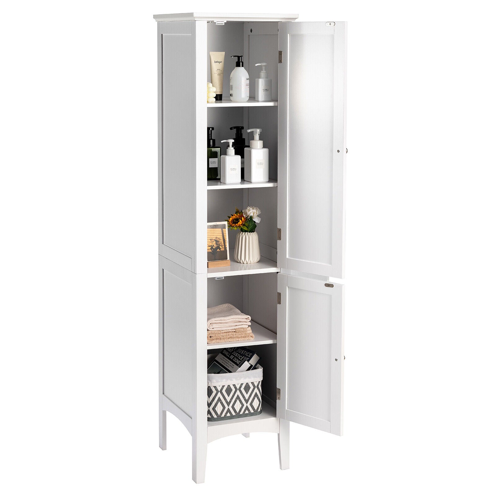 2-Door 160cm High Freestanding Bathroom Cabinet with 5-Tier Shelves-White