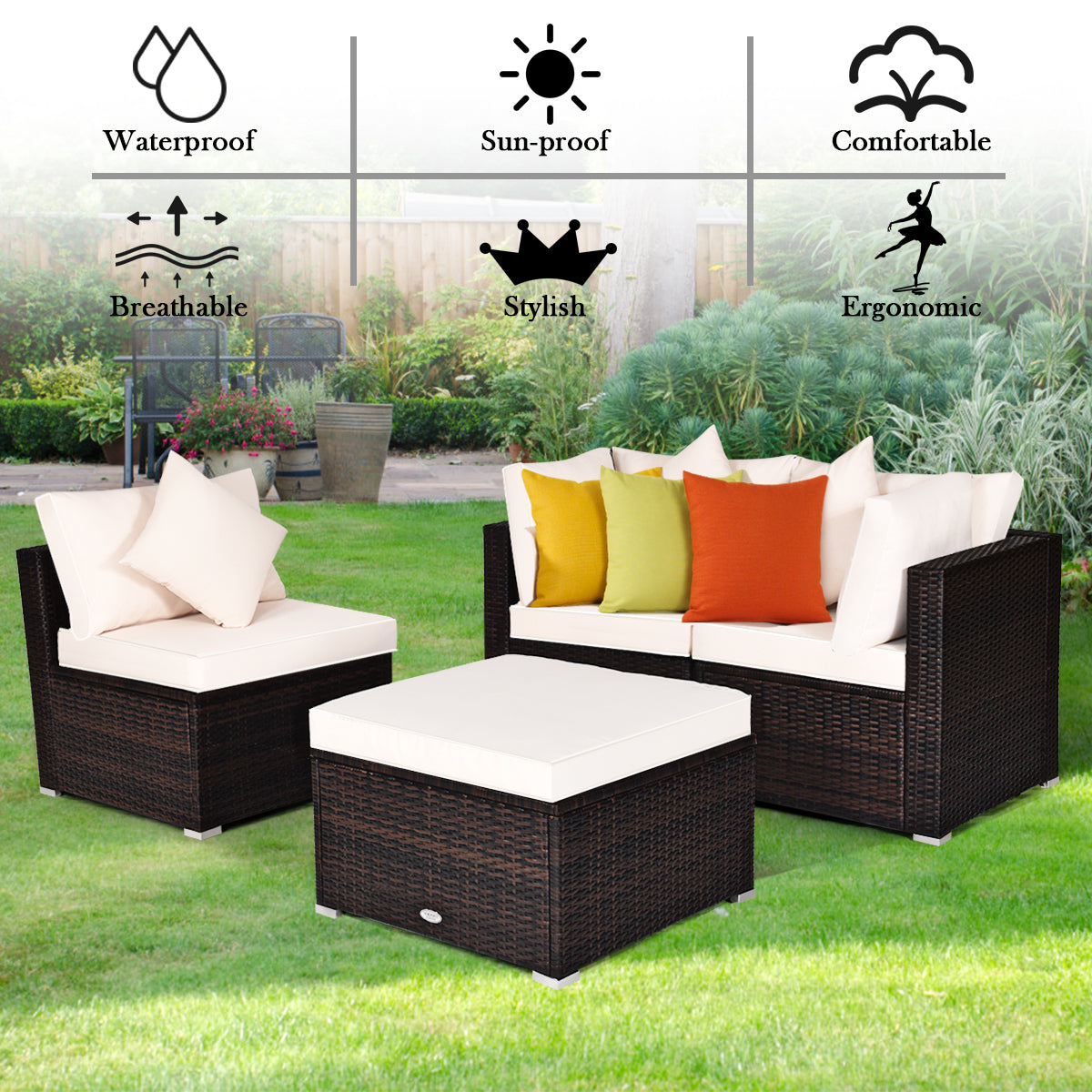 4 Pieces Outdoor Rattan Conversation Set with Removable Cushions and Pillows-White