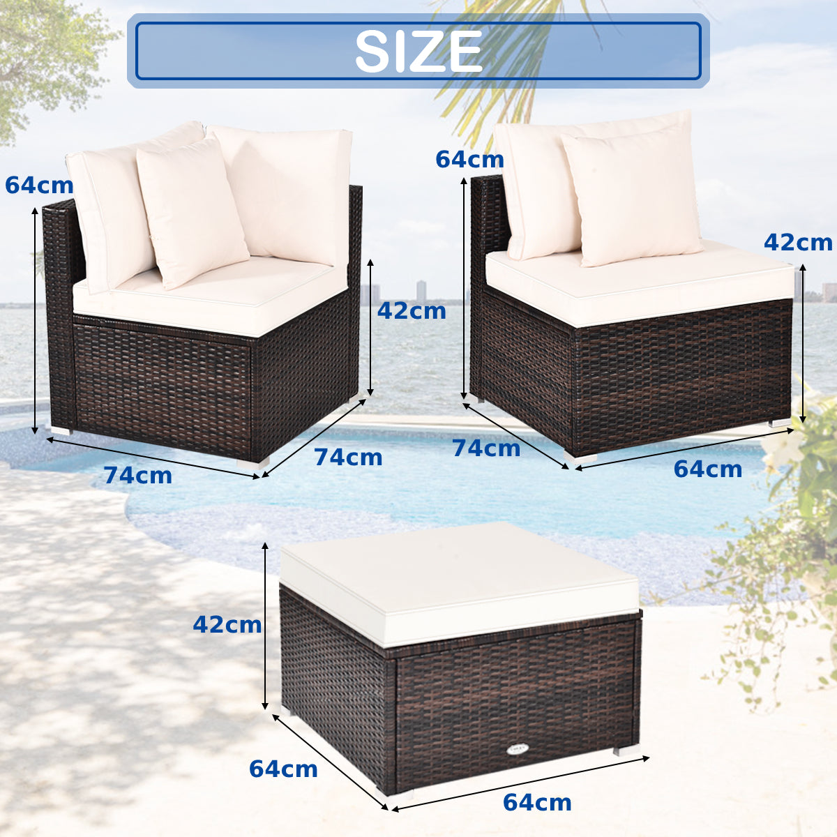 4 Pieces Outdoor Rattan Conversation Set with Removable Cushions and Pillows-White