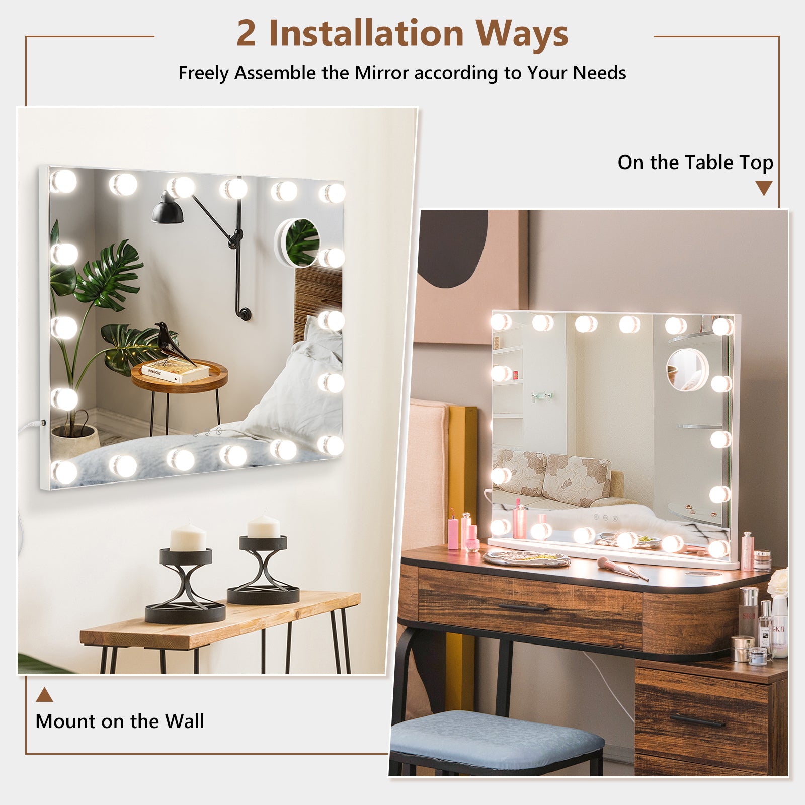 Makeup Mirror with 18 Dimmable LED Lights and Magnifying Mirror-White