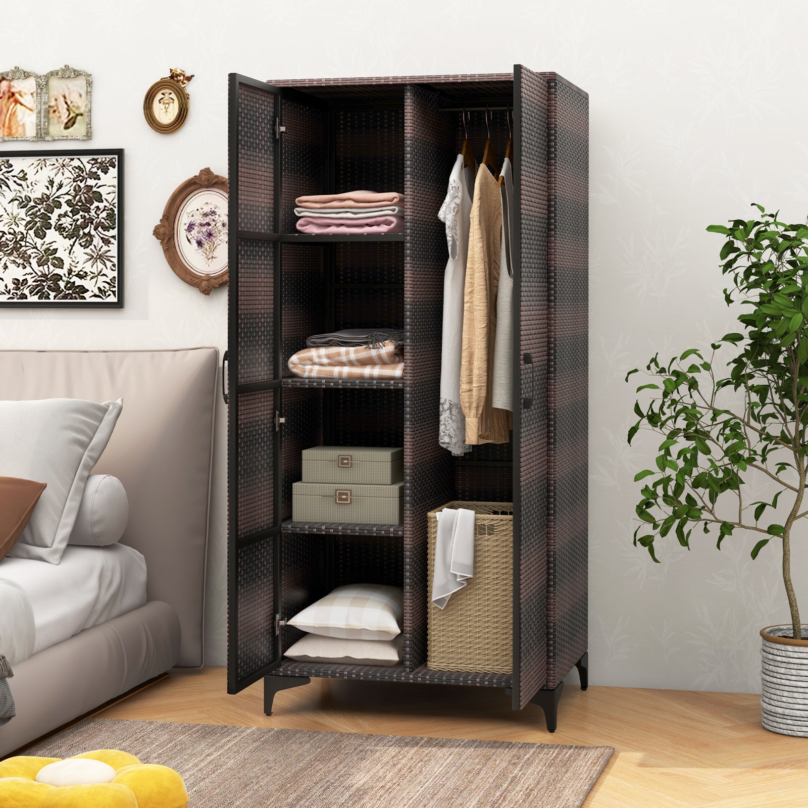 PE Rattan Wardrobe Armoire Closet with Hanging Rod and 4 Storage Cubes for Home Patio Garage-Brown