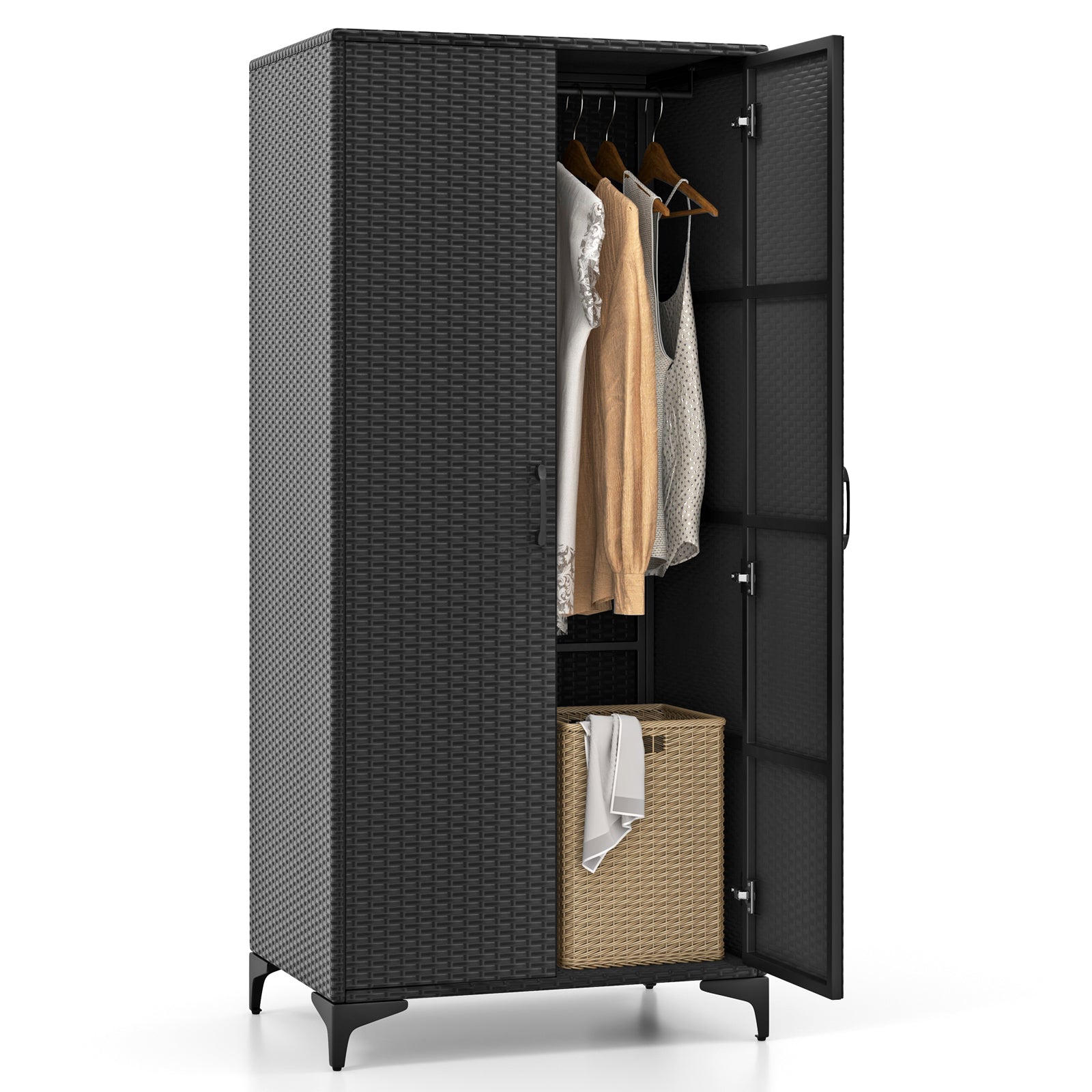 PE Rattan Wardrobe Armoire Closet with Hanging Rod and 4 Storage Cubes for Home Patio Garage-Black