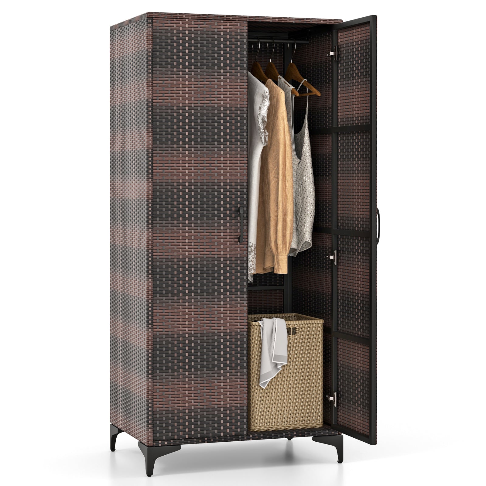 PE Rattan Wardrobe Armoire Closet with Hanging Rod and 4 Storage Cubes for Home Patio Garage-Brown