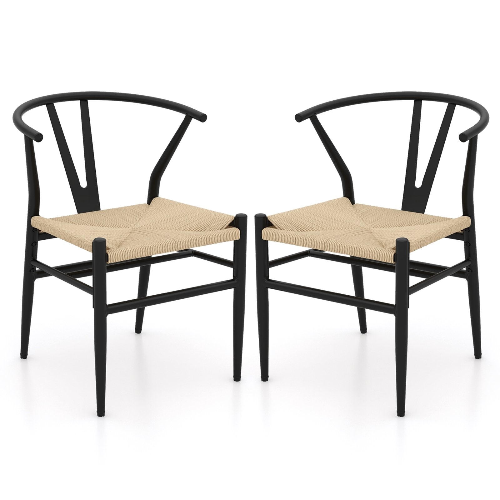 Wishbone Dining Chair Set of 2 with Y-Shaped Backrest and Woven Twine Seat-Beige