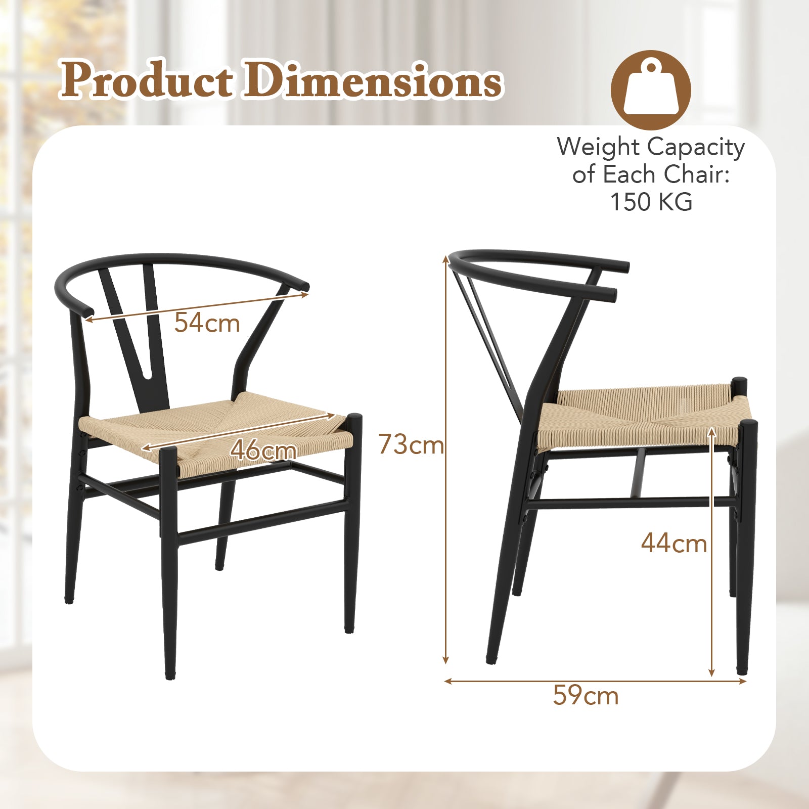 Wishbone Dining Chair Set of 2 with Y-Shaped Backrest and Woven Twine Seat-Beige