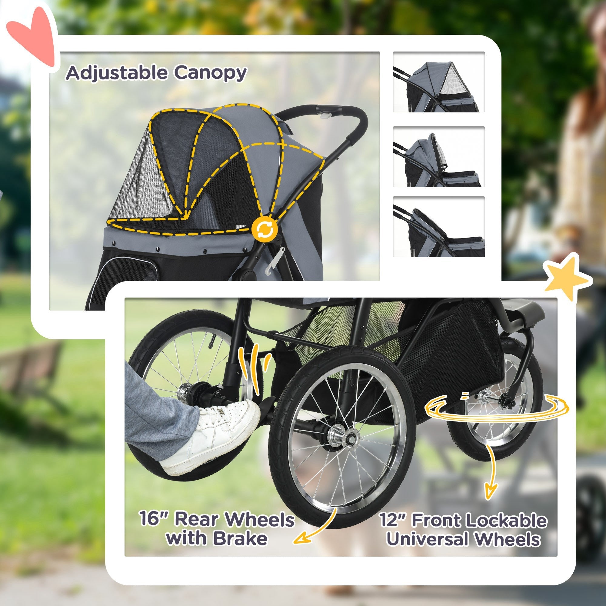 PawHut Foldable Pet stroller, Dog Buggy with Three Wheels, for Small/Medium Dogs, Grey