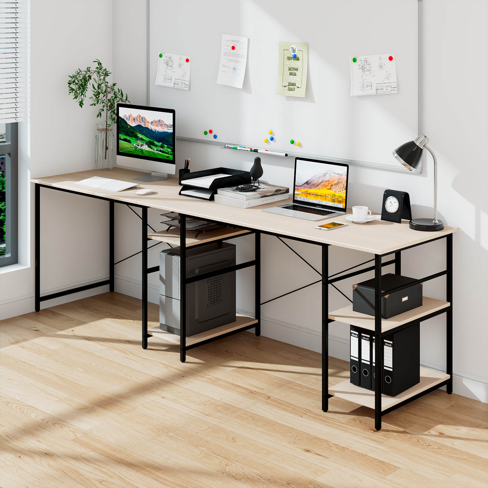 Wooden Industrial L-Shaped Desk with Storage Shelves-Natural