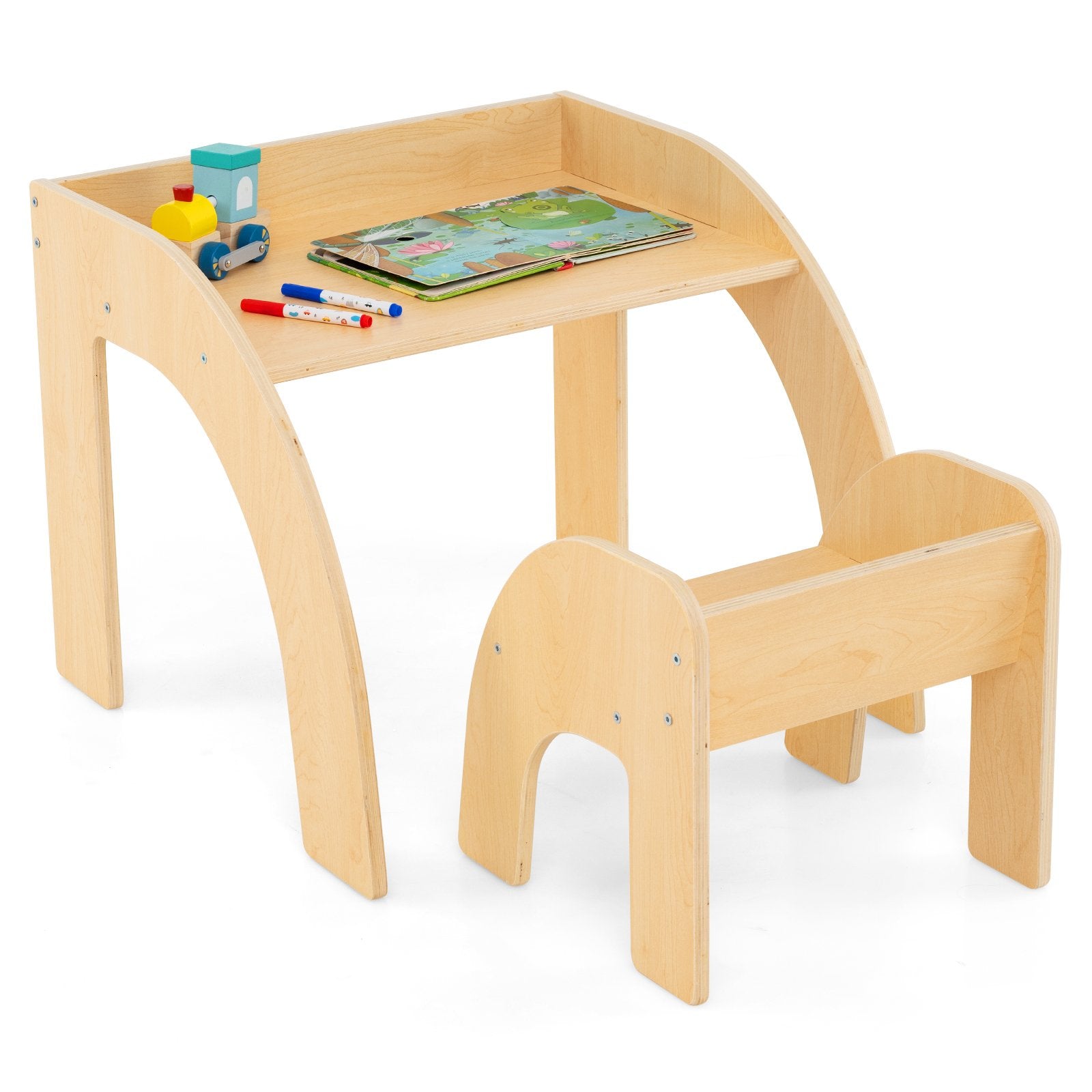 Wooded Toddler Kids Desk and Chair Set with Proper Height-Natural