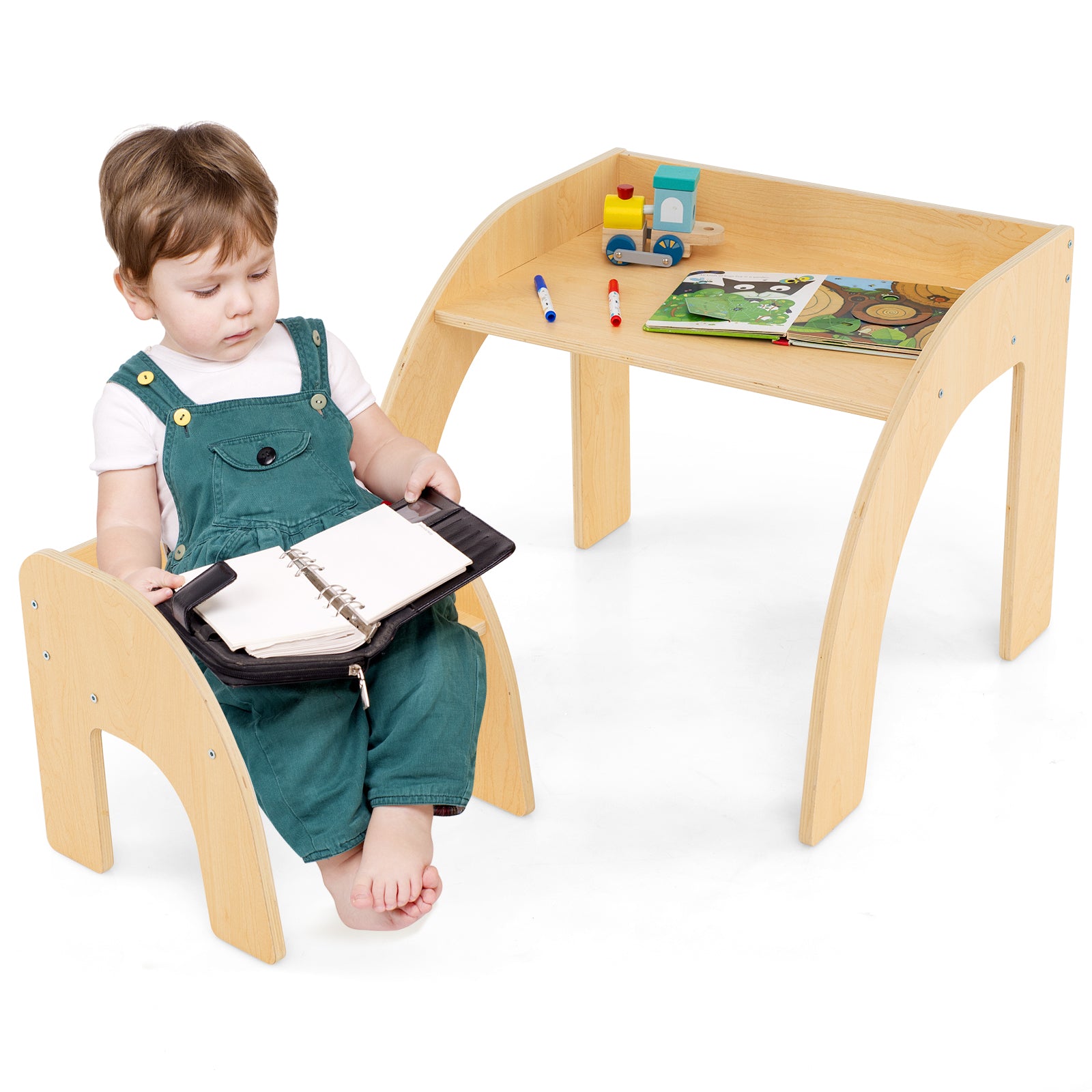 Wooded Toddler Kids Desk and Chair Set with Proper Height-Natural