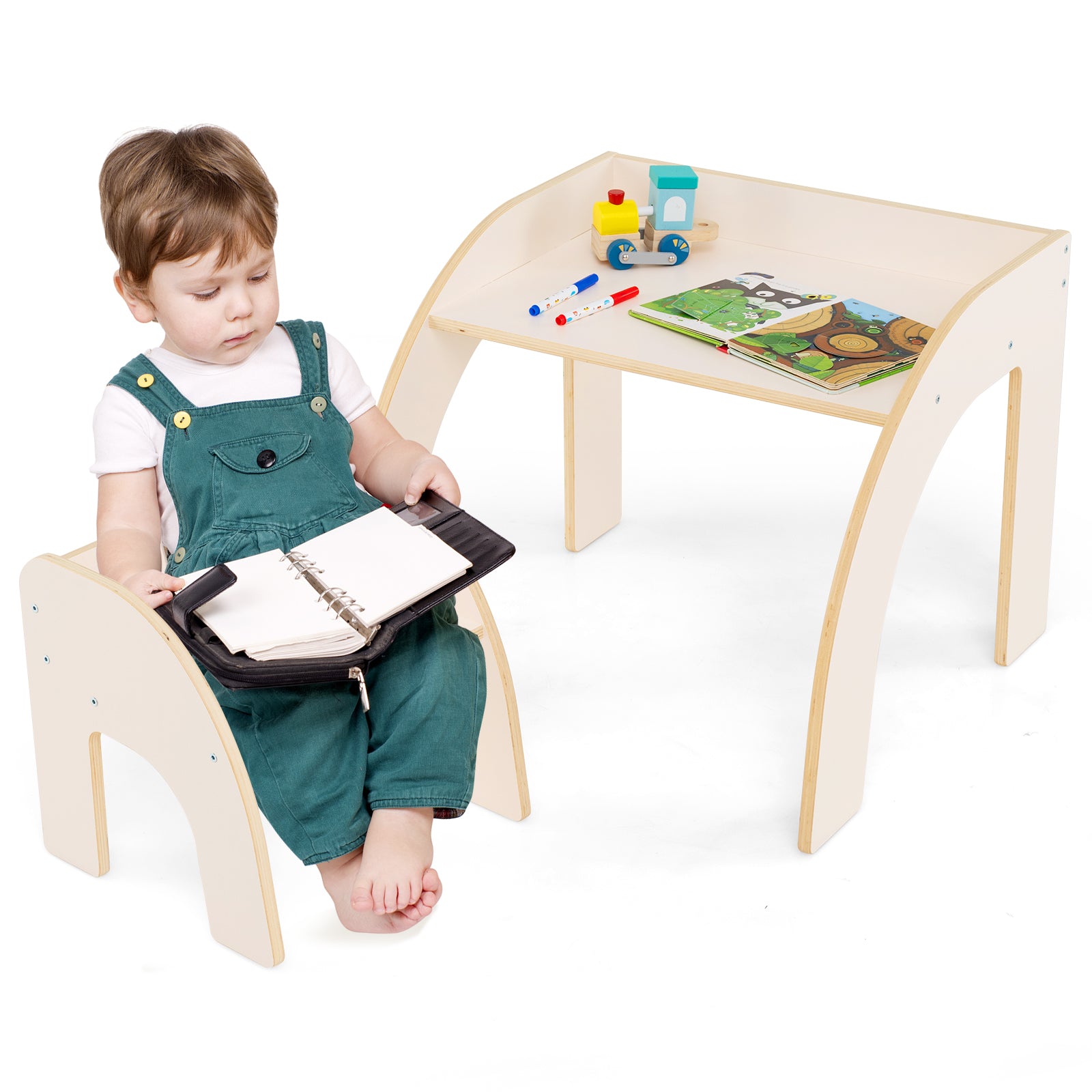 Wooded Toddler Kids Desk and Chair Set with Proper Height-White