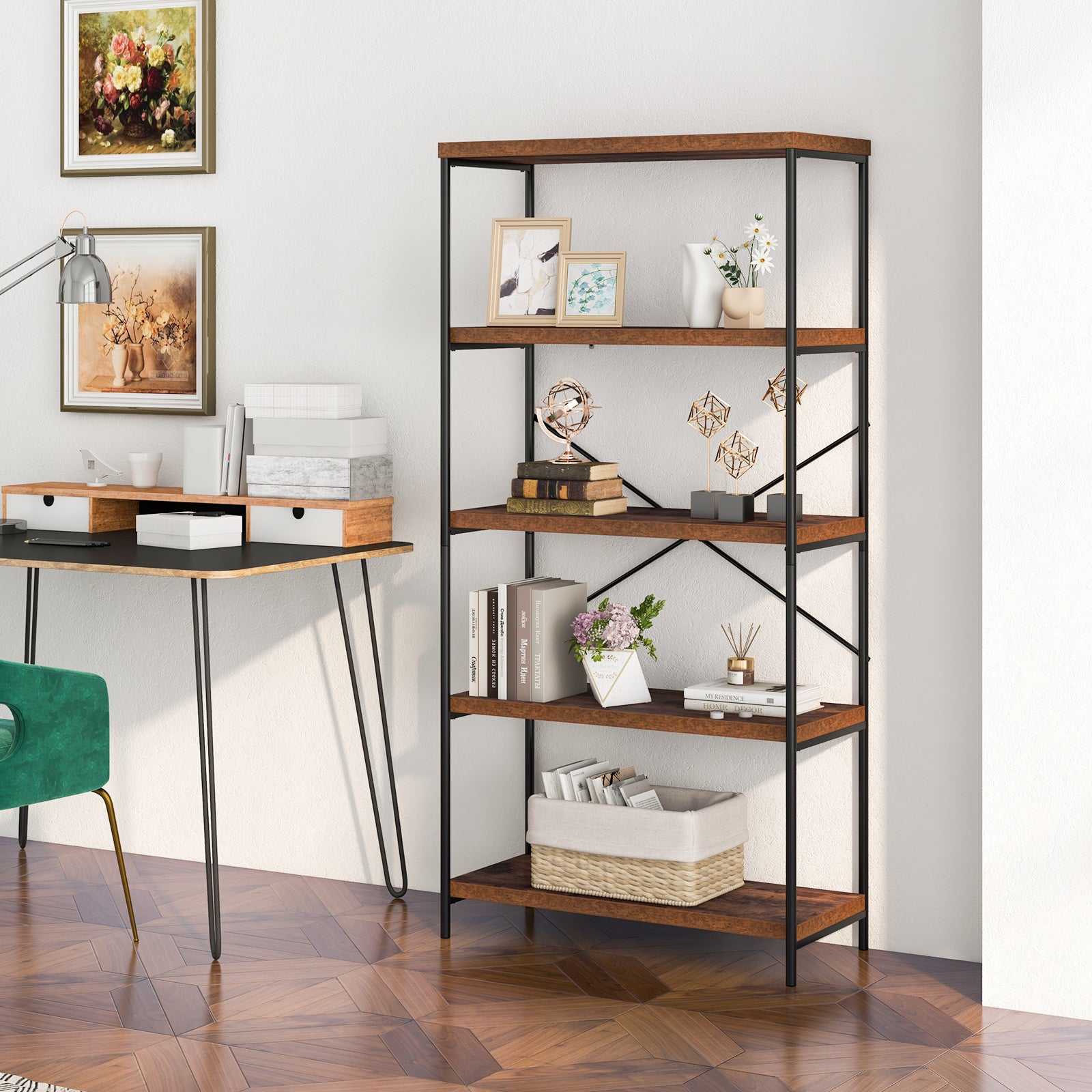 Freestanding Wooden 5-Tier Storage Bookshelf-Brown