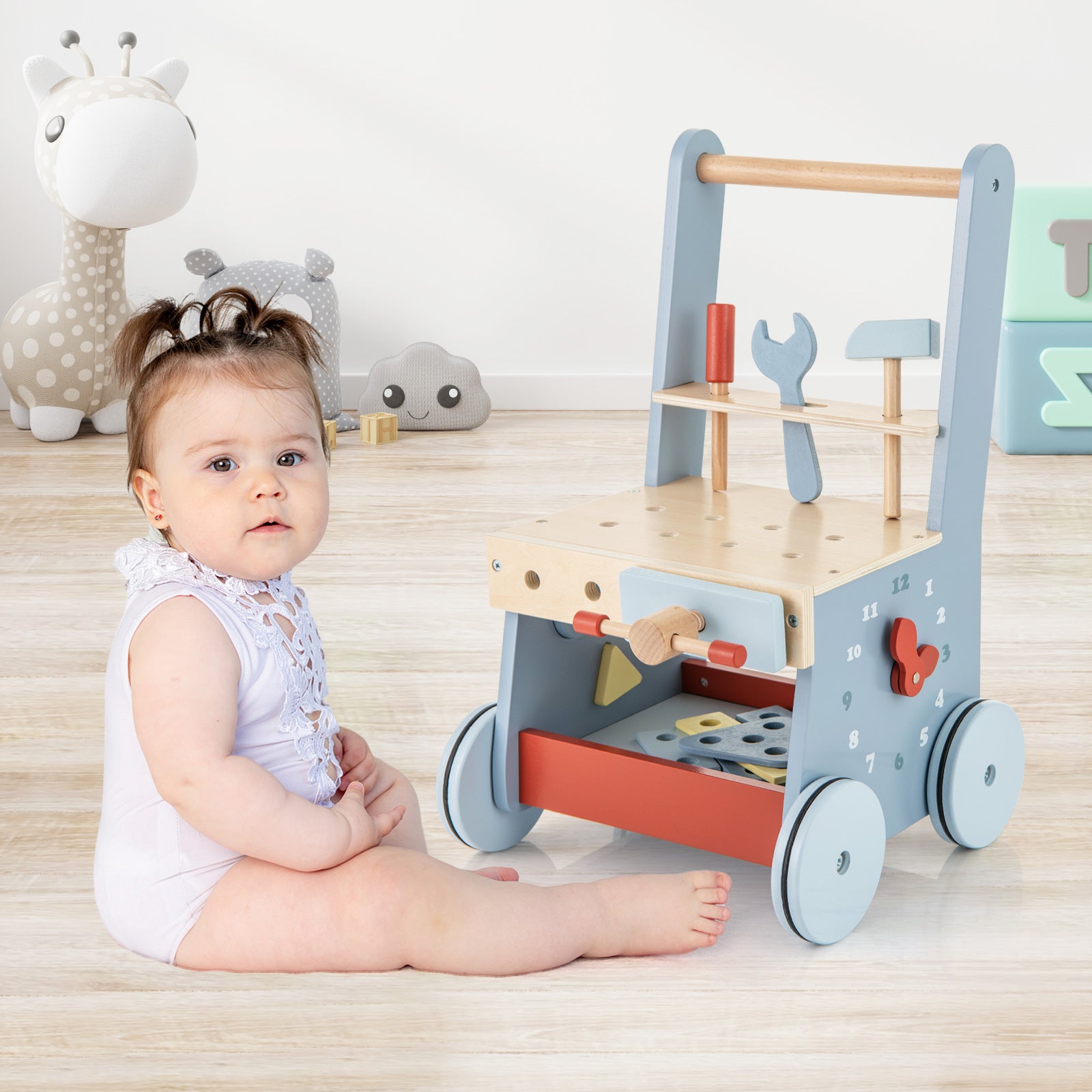 2-in-1 Wooden Baby Push Walker with Multi-Activity Center