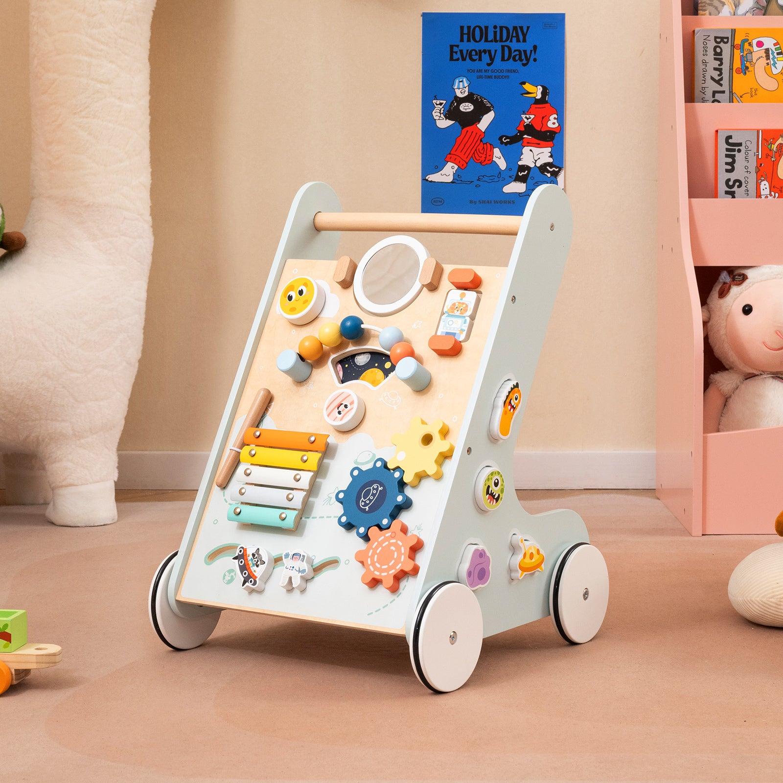 Wooden Baby Walker with Wheels for Boys and Girls 1+ Years Old-Green