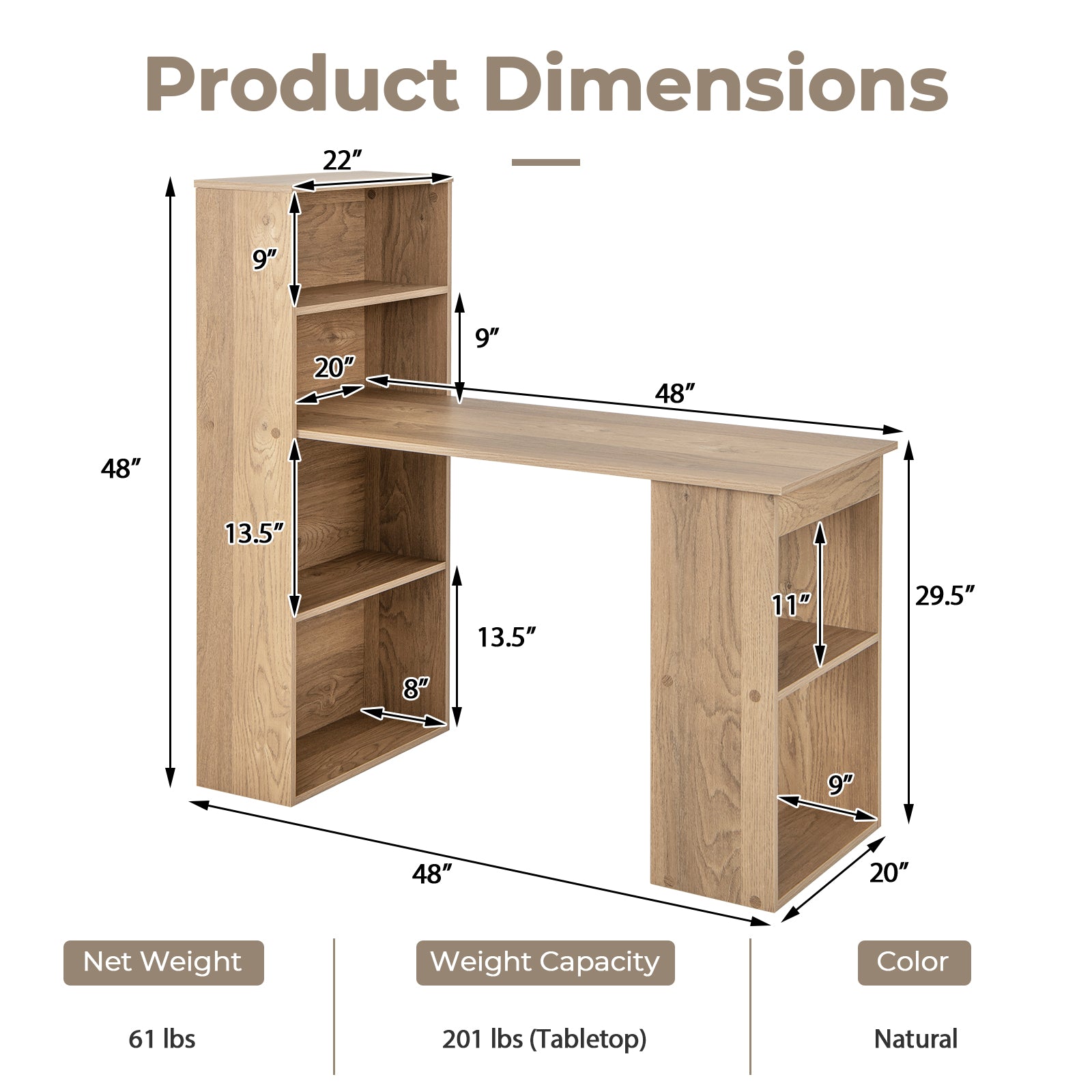 Modern 3-in-1 Wooden Computer Desk with 6-Tier Storage Bookshelves-Natural