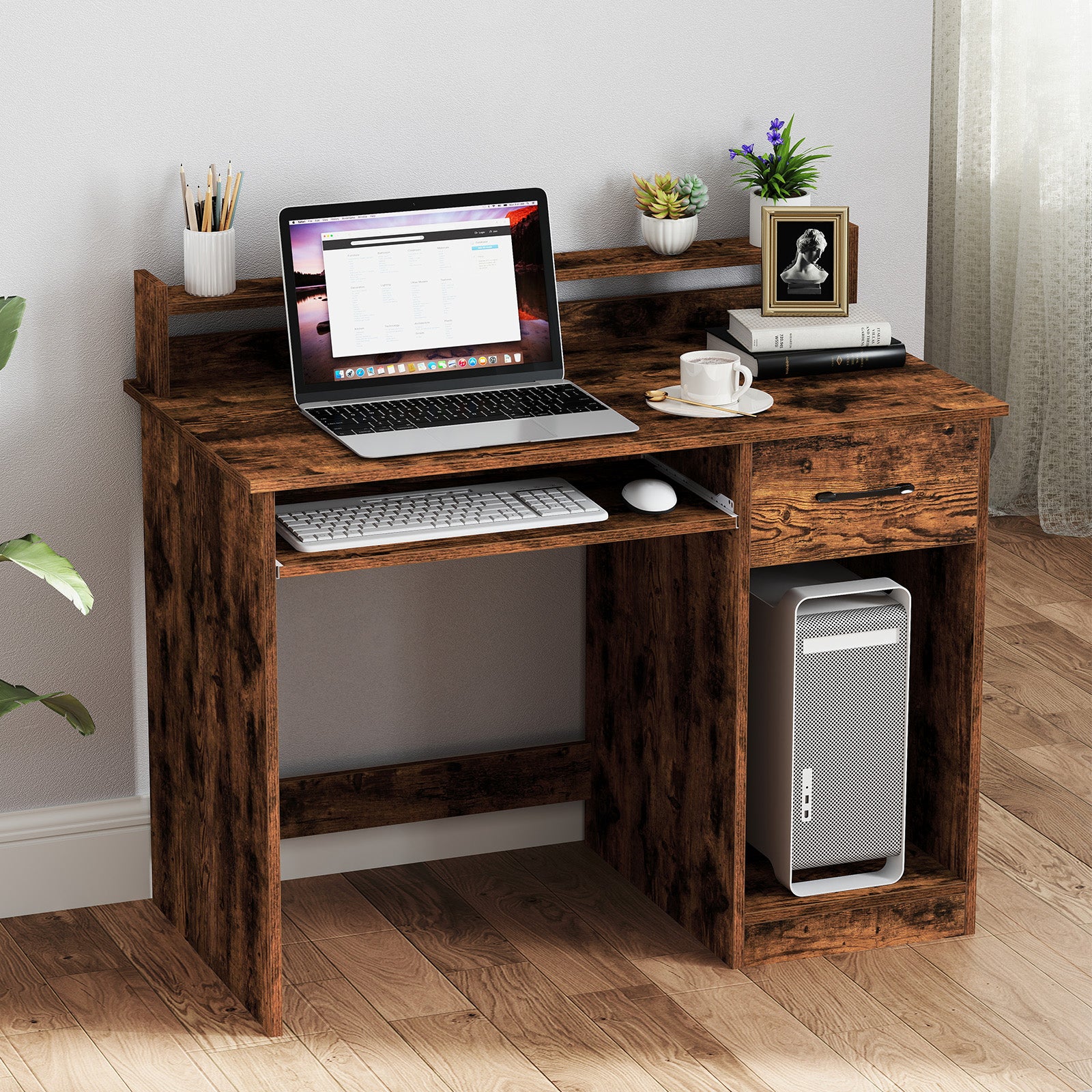Wooden Computer Desk With Keyboard Tray for Work and Study-Rustic Brown