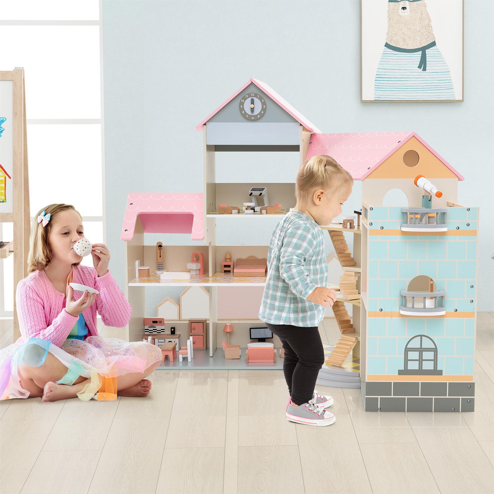 Wooden Corner Dollhouse Playset Pink Roof Doll House-Pink