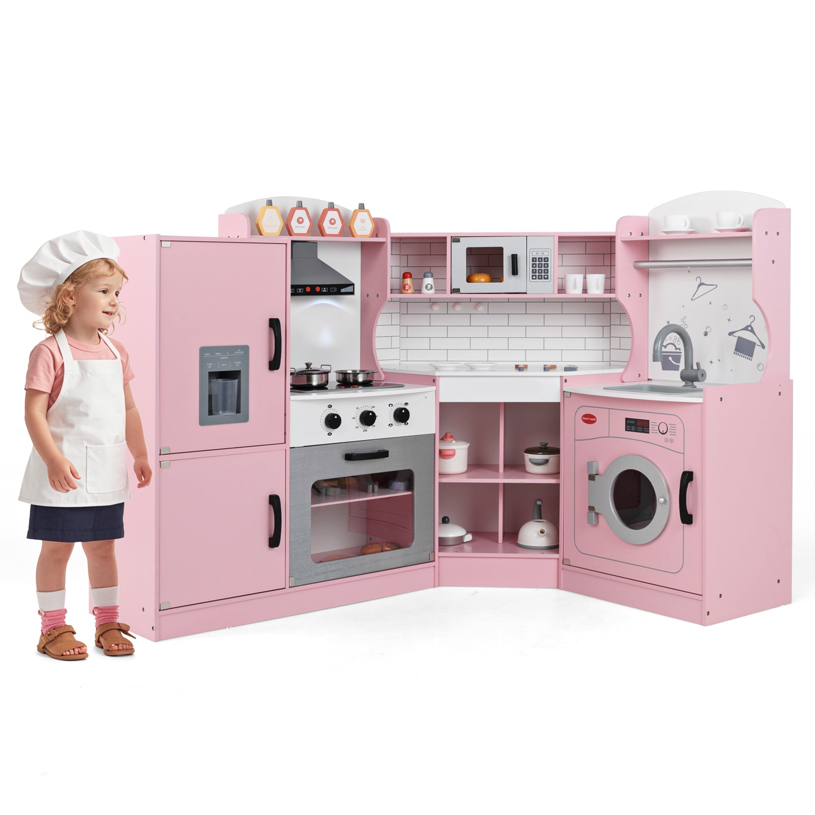 Wooden Corner Play Kitchen with Sounds and Lights-Pink