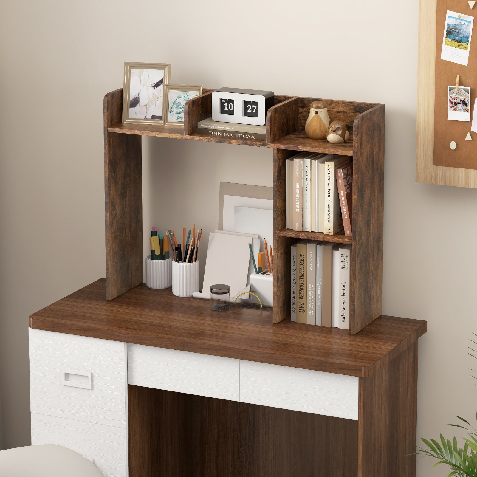 Wooden Desk Bookshelf with 4 Shelves and Open Back Compartment-Rustic Brown