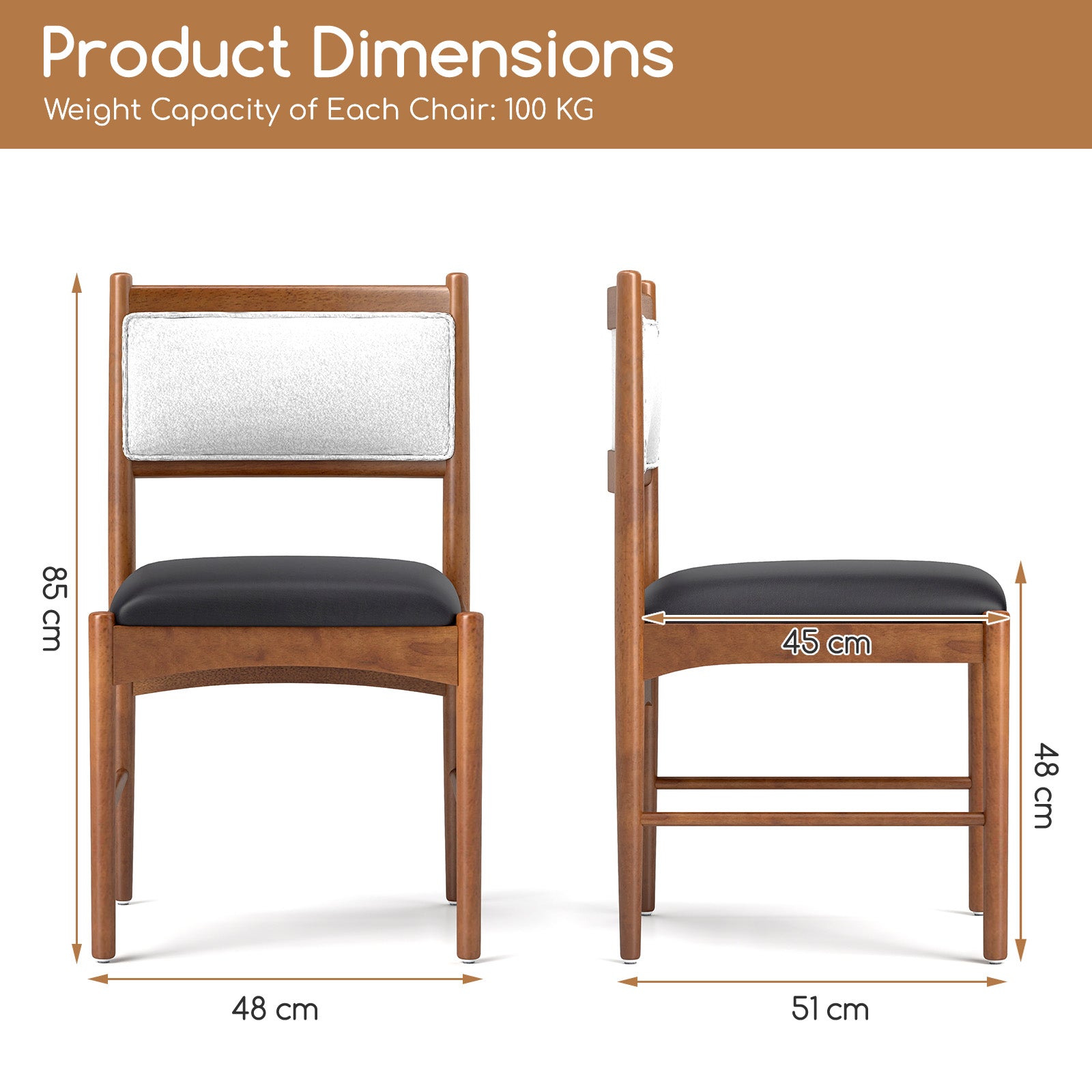 Wooden Dining Chair with Rubber Wood Frame Set of 2-Walnut