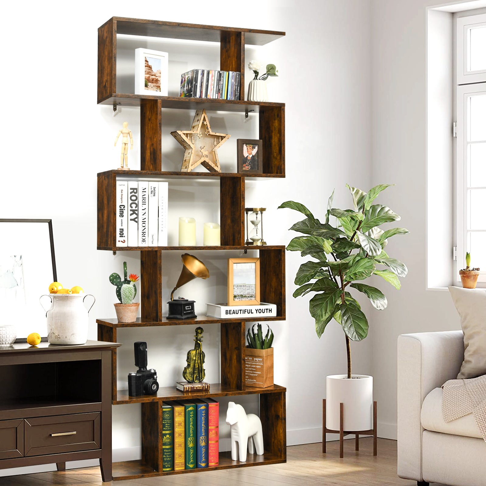 6-tier S-shaped Wooden Industrial Bookshelf-Brown