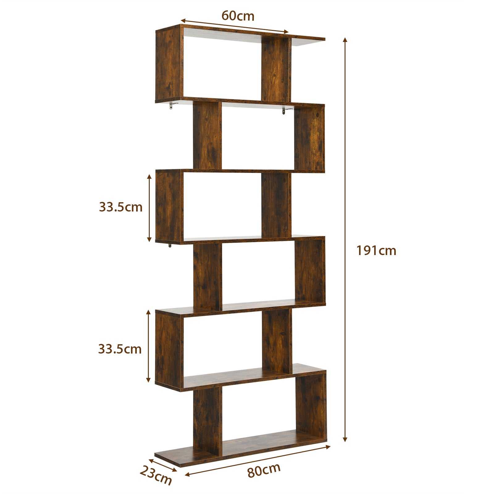 6-tier S-shaped Wooden Industrial Bookshelf-Brown