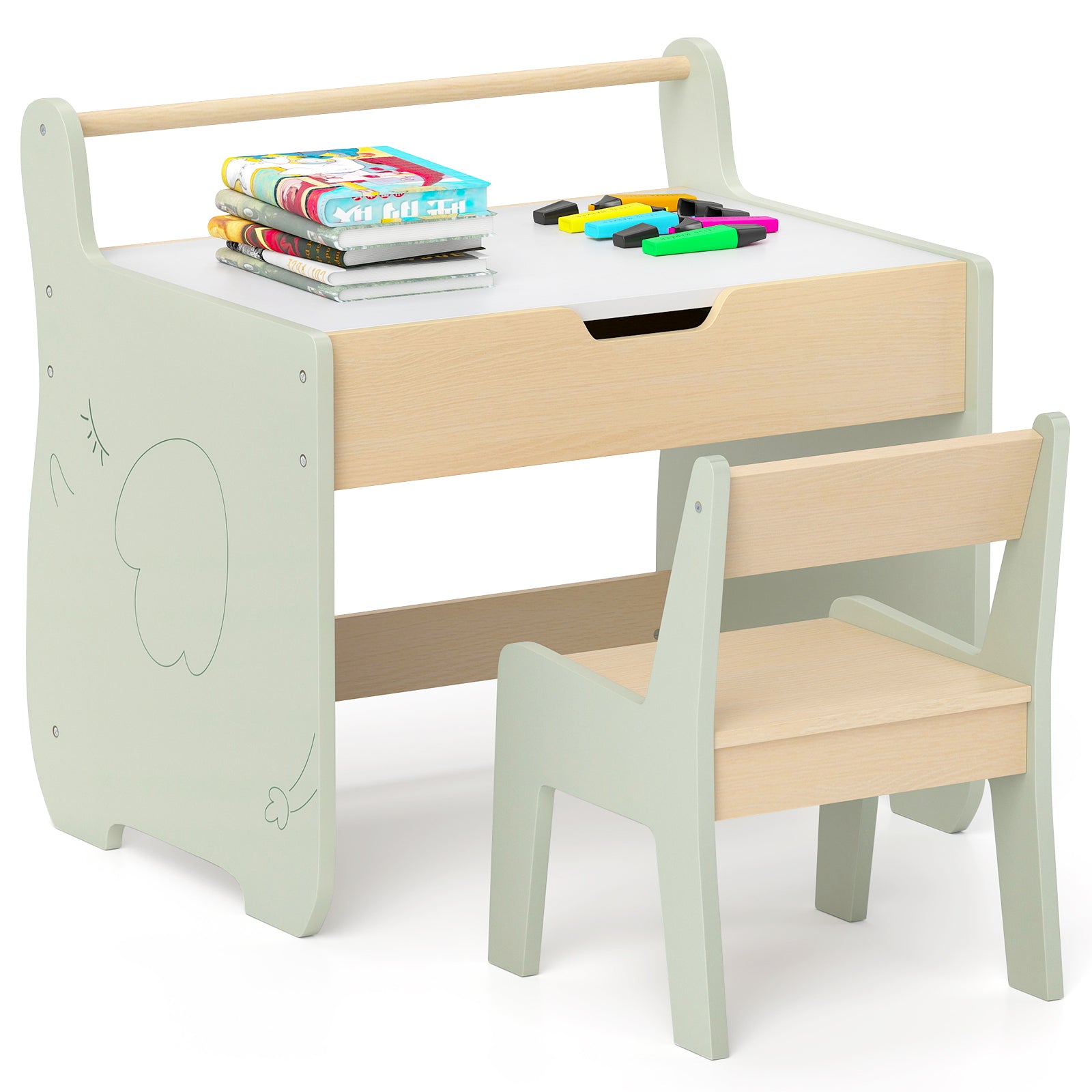 Wooden Kids Activity Table and Chair Set with 2 in 1 Detachable Tabletop-Green