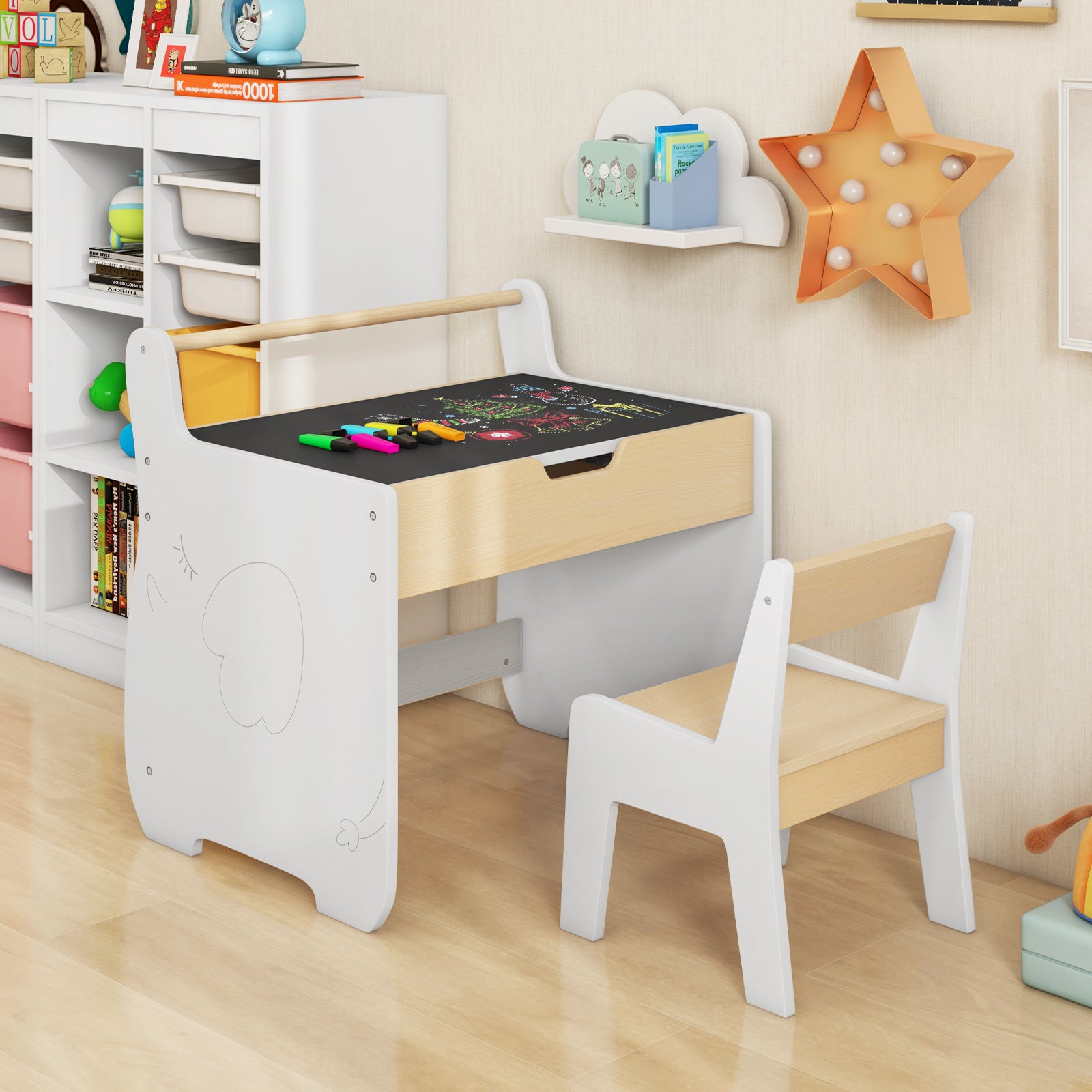Wooden Kids Activity Table and Chair Set with 2 in 1 Detachable Tabletop-White