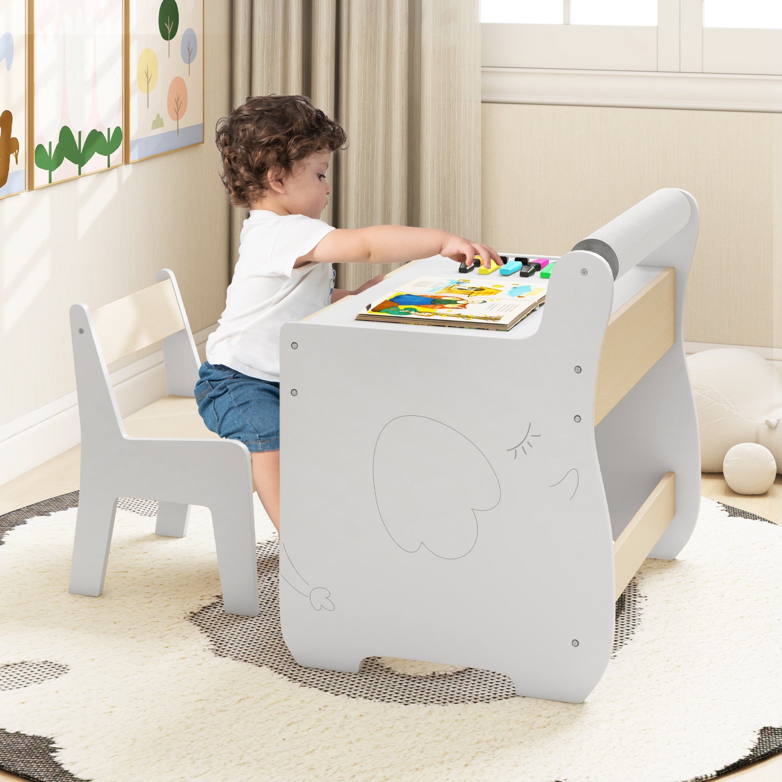 Wooden Kids Activity Table and Chair Set with 2 in 1 Detachable Tabletop-White