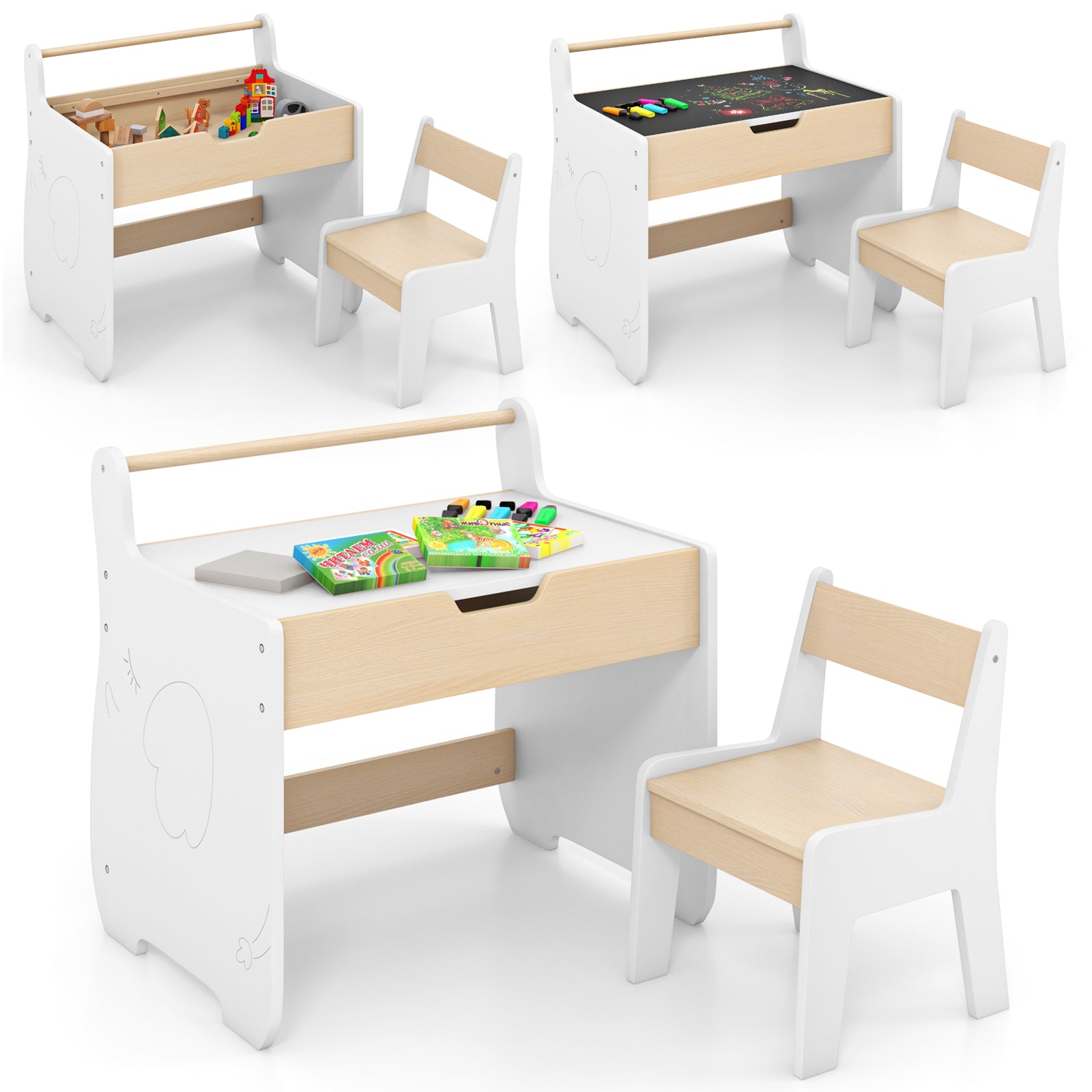 Wooden Kids Activity Table and Chair Set with 2 in 1 Detachable Tabletop-White