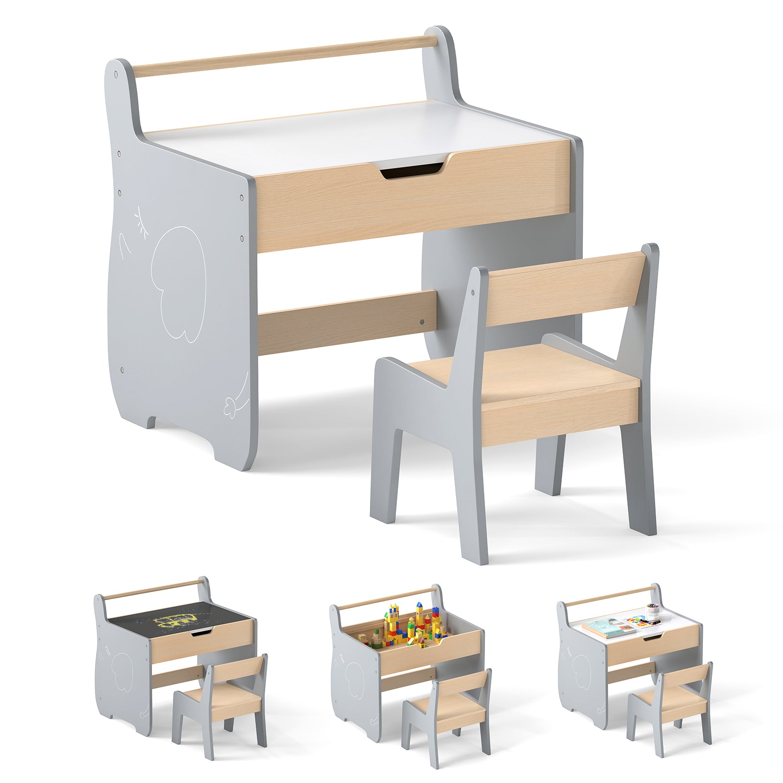 Wooden Kids Activity Table and Chair Set with 2 in 1 Detachable Tabletop-Grey
