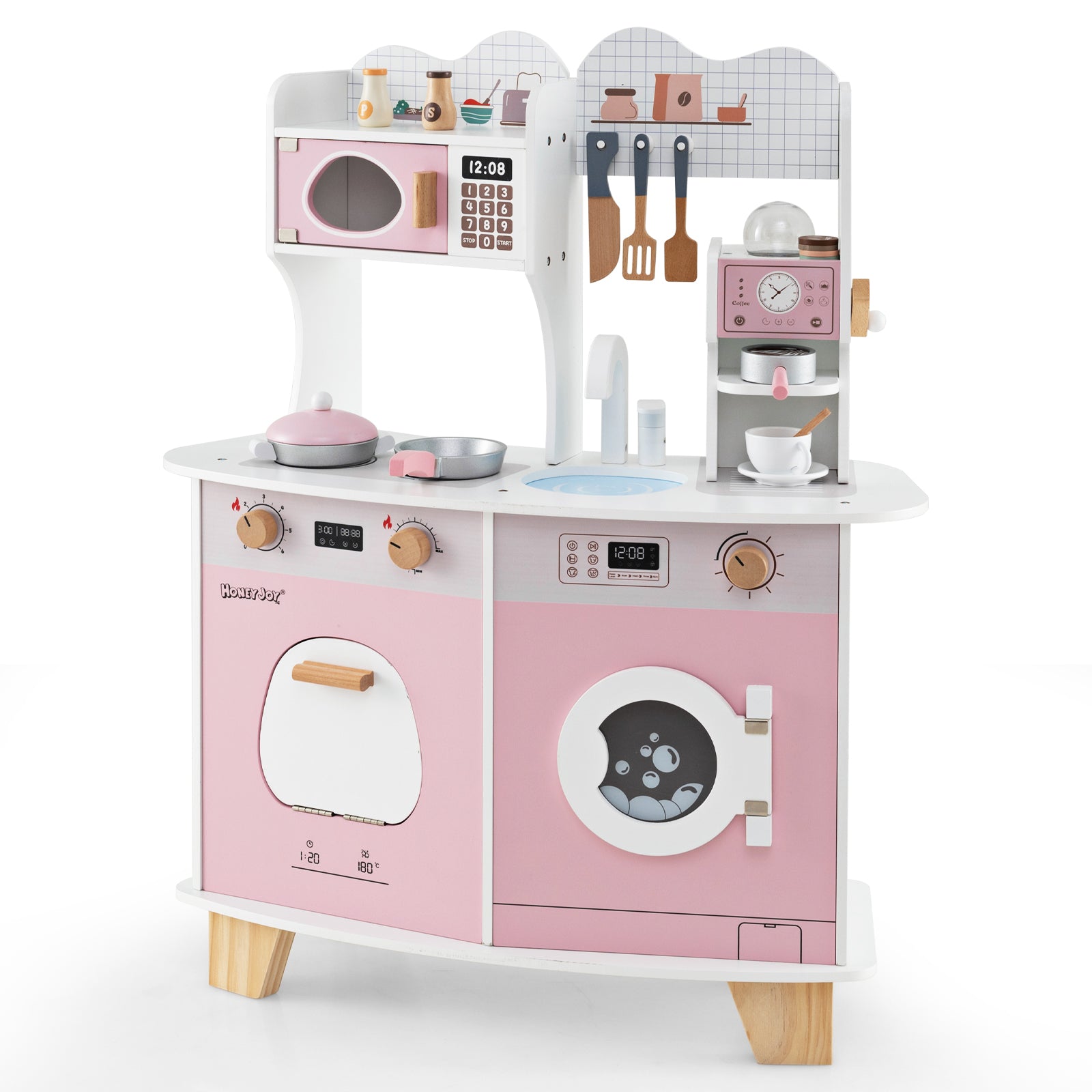 Wooden Kids Kitchen Playset with Coffee Maker for 3+ Years Old-Pink