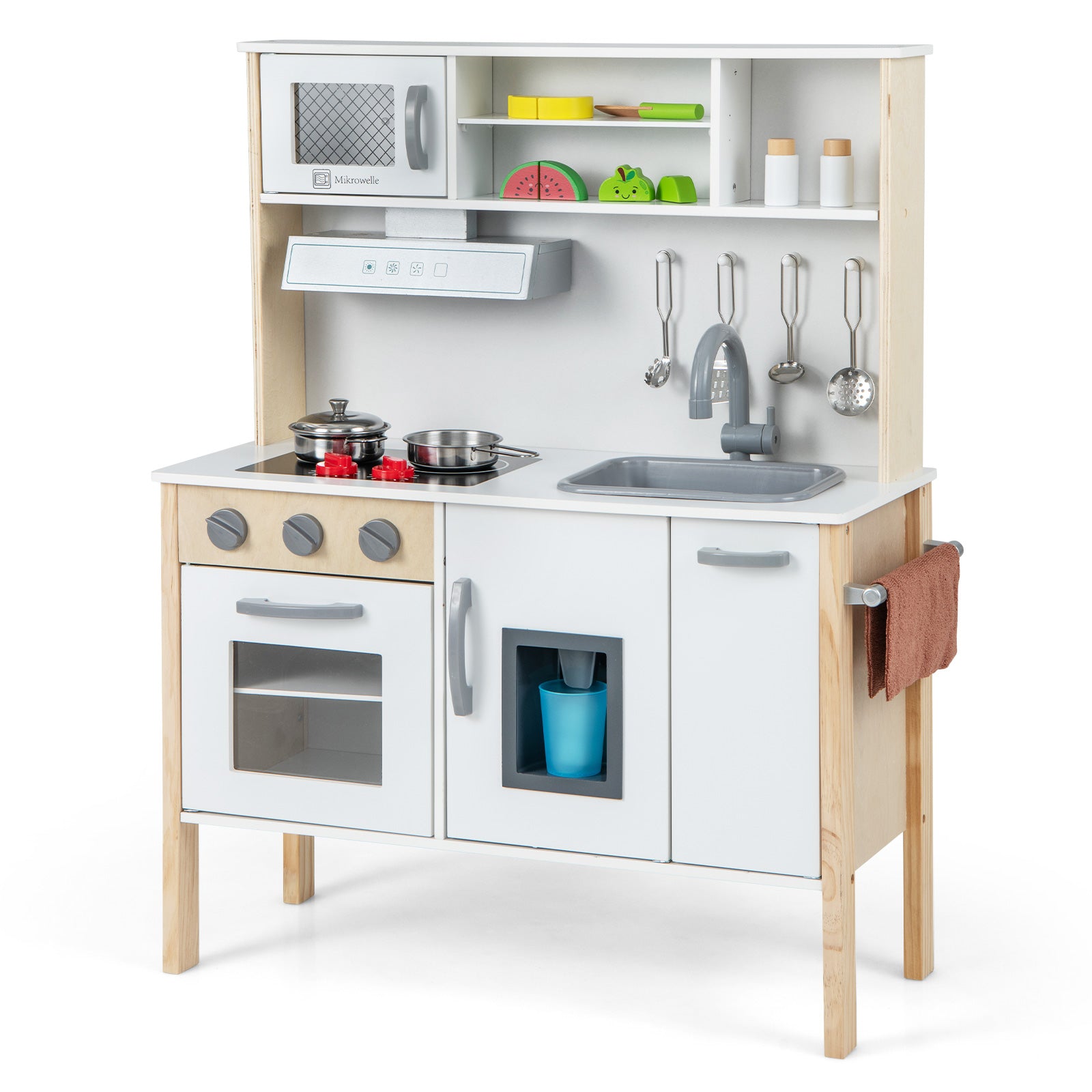Wooden Kids Play Kitchen Set with Microwave Stoves Oven-White