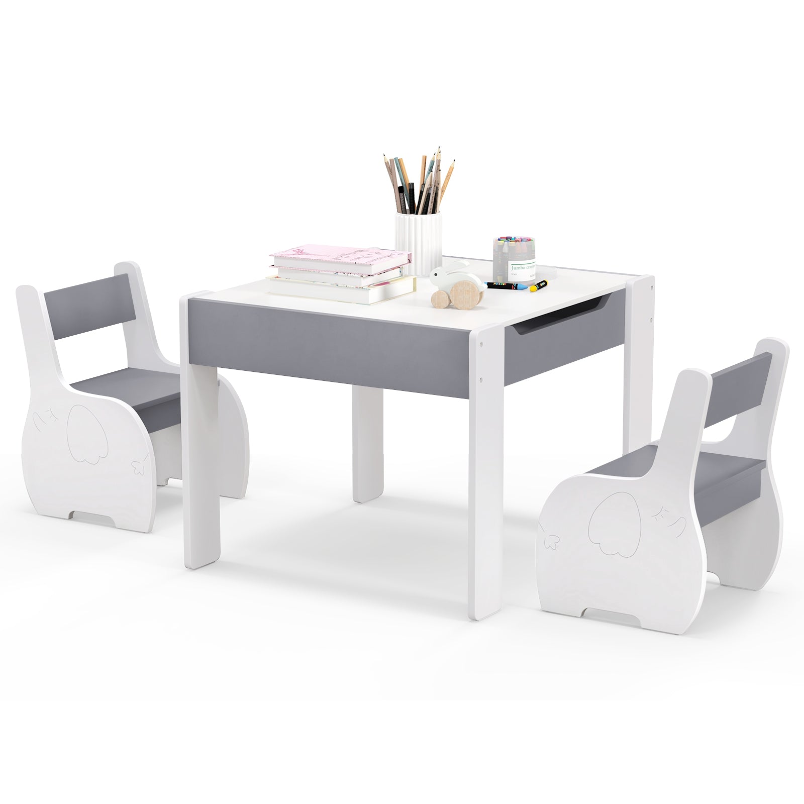 Wooden Kids Table and Chair Set with Hidden Storage-Gray &amp;amp; White